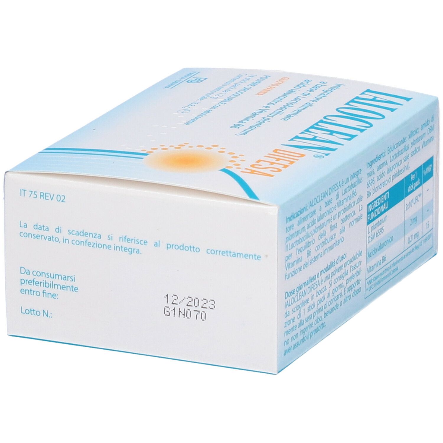 Scatola Ialoclean Difesa. Lato con data di scadenza e numero di lotto. Nome del prodotto e logo visibili.