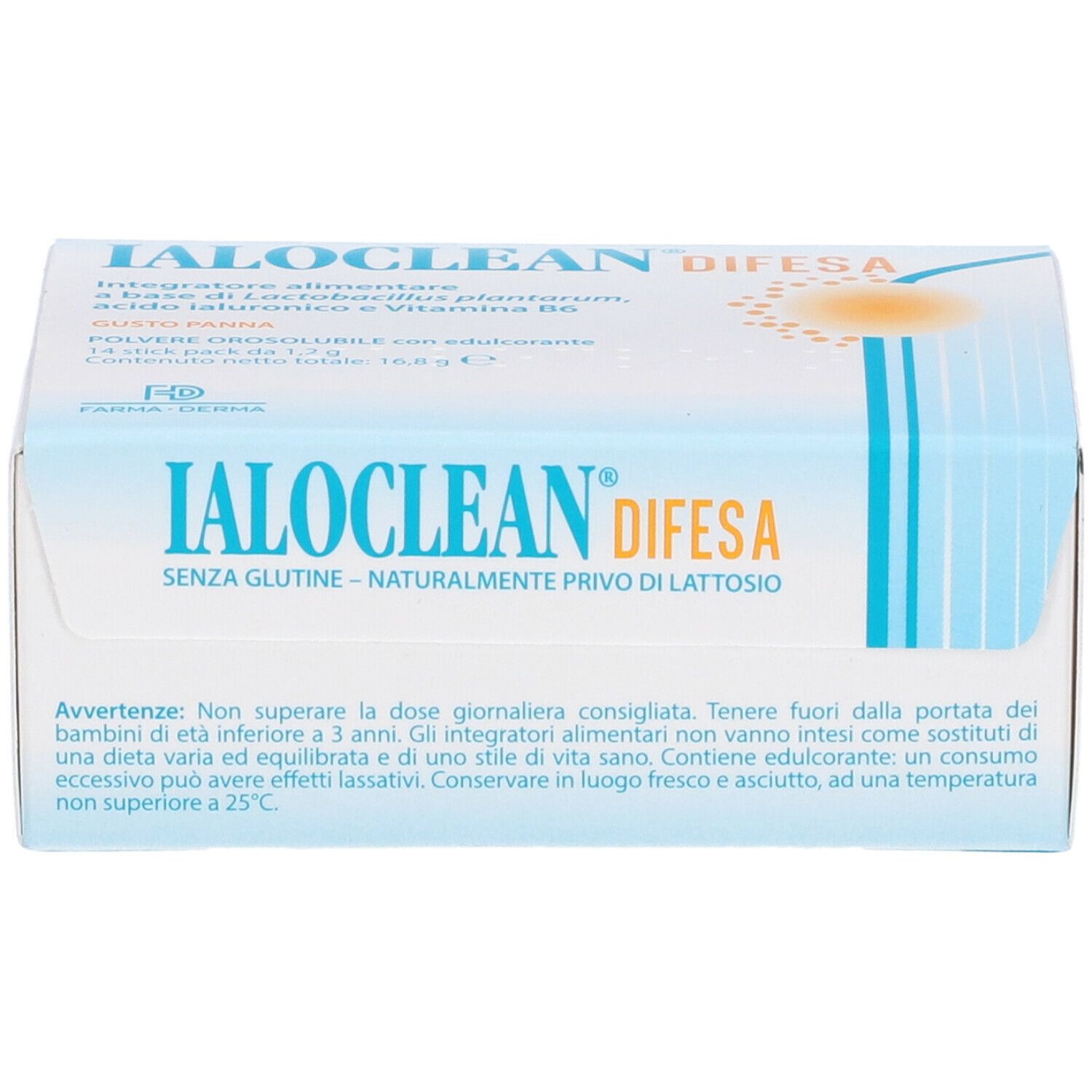 Scatola Ialoclean Difesa. Fronte con nome e logo del prodotto. Senza glutine e lattosio.