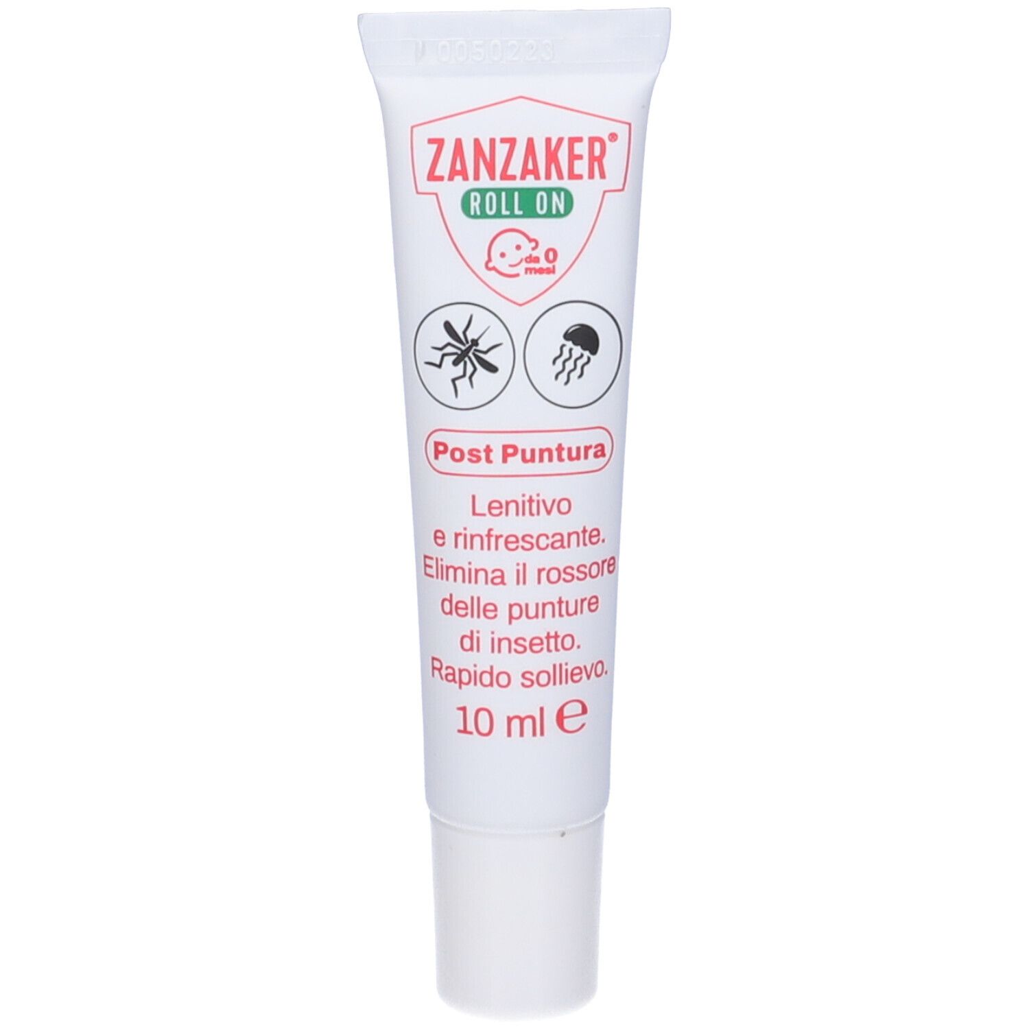 Zanzaker Roll-on Post Puntura. Tubo bianco con scritte rosse e verdi. Contiene 10 ml. Simboli di insetti e meduse.
