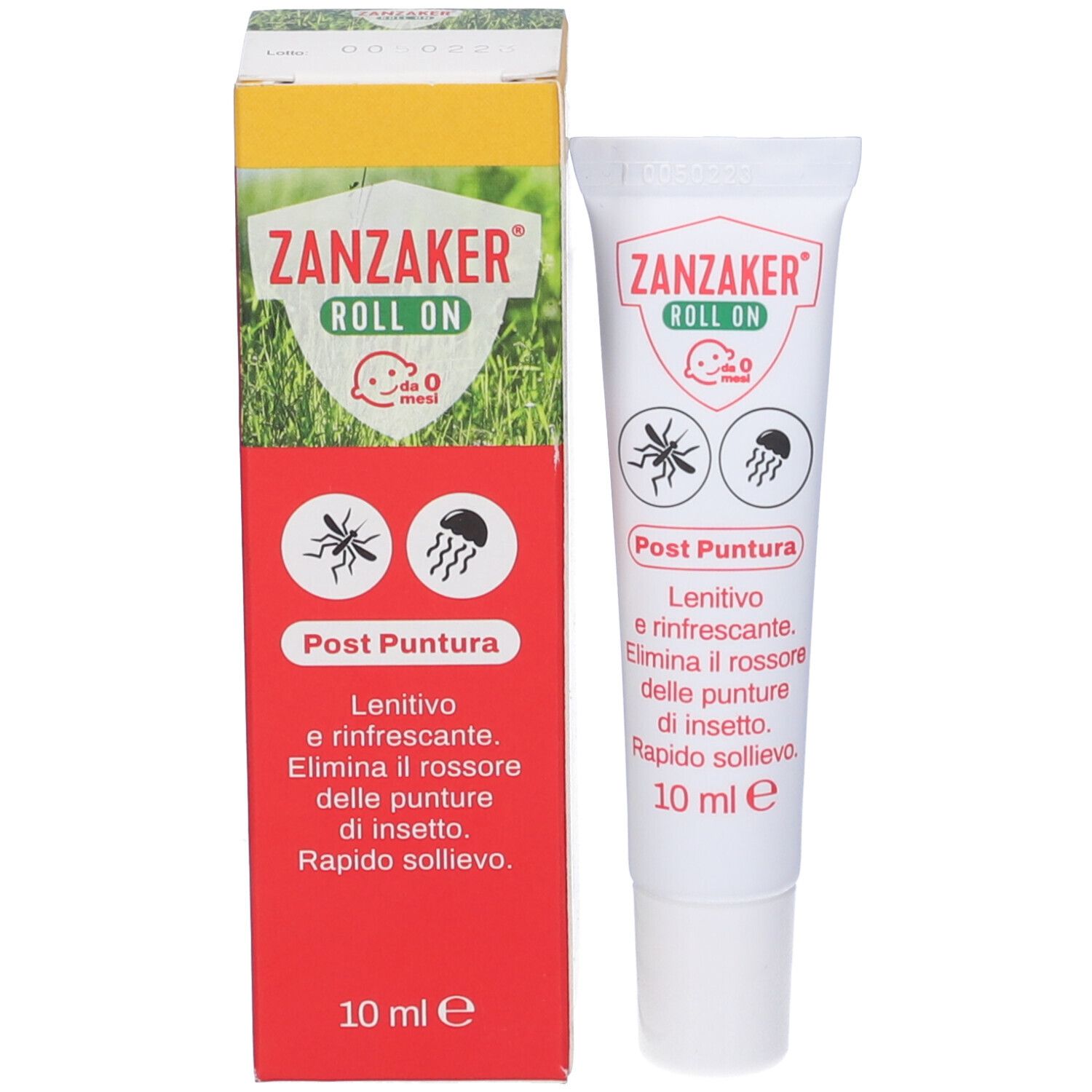 Zanzaker Roll-on Post Puntura e confezione. Tubo e scatola con scritte rosse e verdi. Contiene 10 ml.