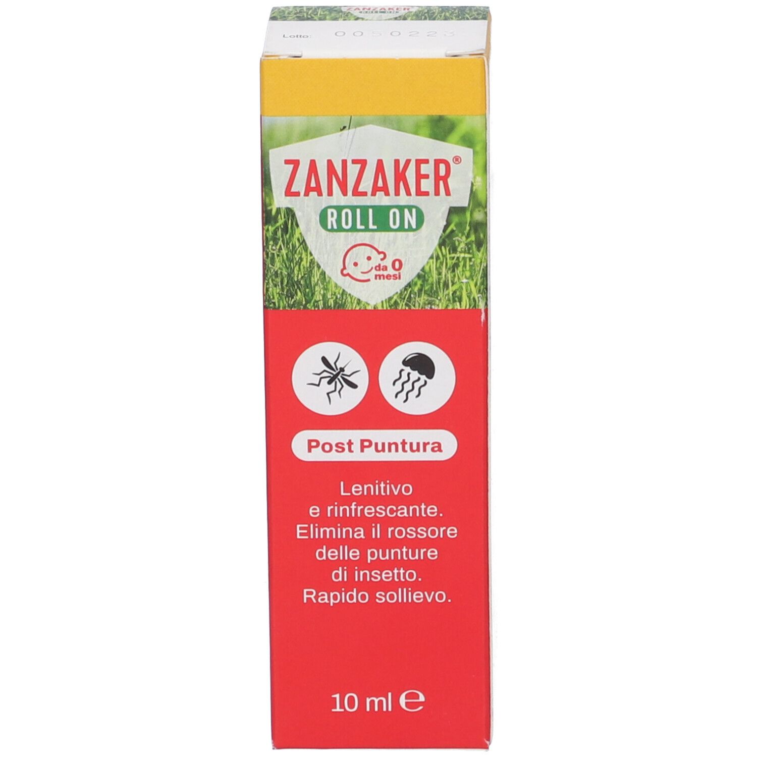Confezione Zanzaker Roll-on Post Puntura. Scatola rossa con scritte verdi e gialle. Contiene 10 ml.