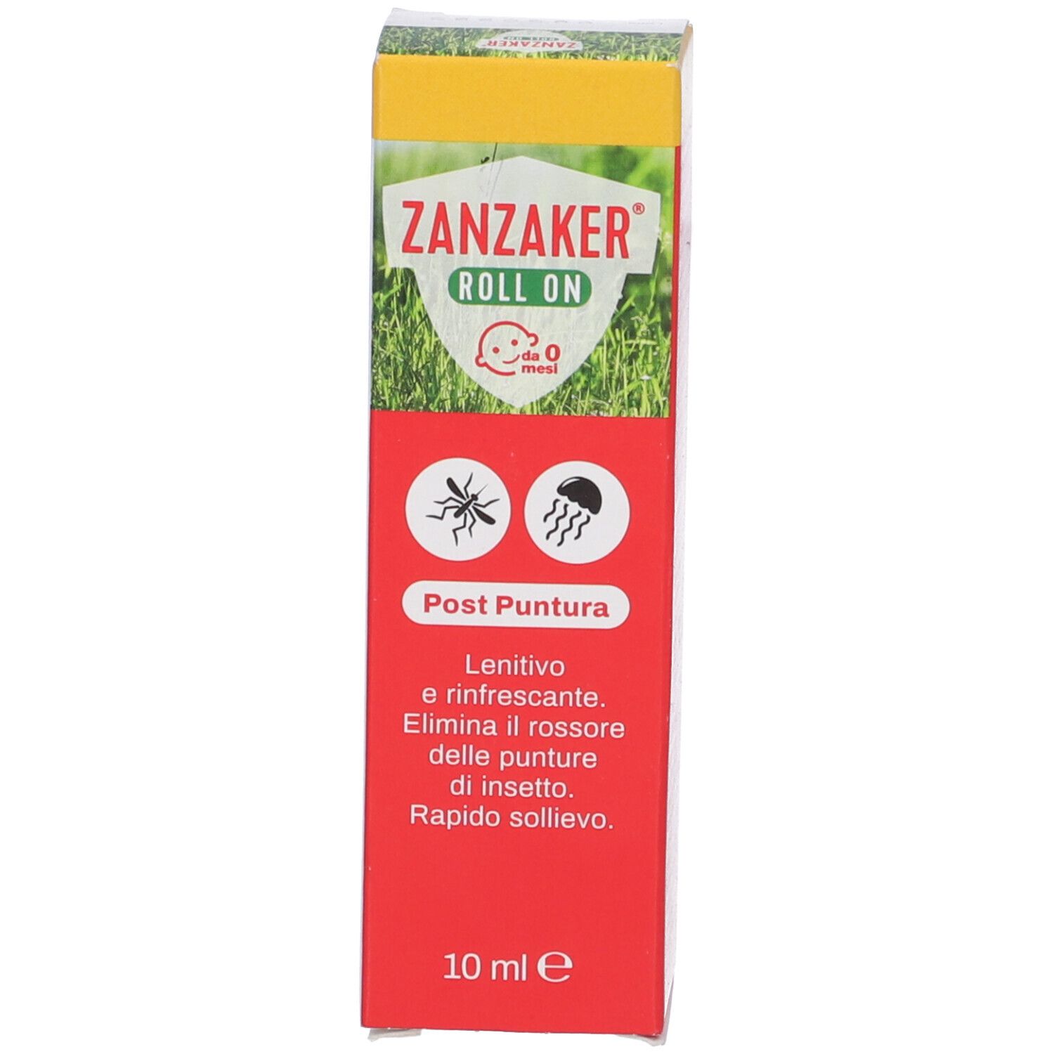 Confezione Zanzaker Roll-on Post Puntura. Scatola rossa con scritte verdi e gialle. Contiene 10 ml.
