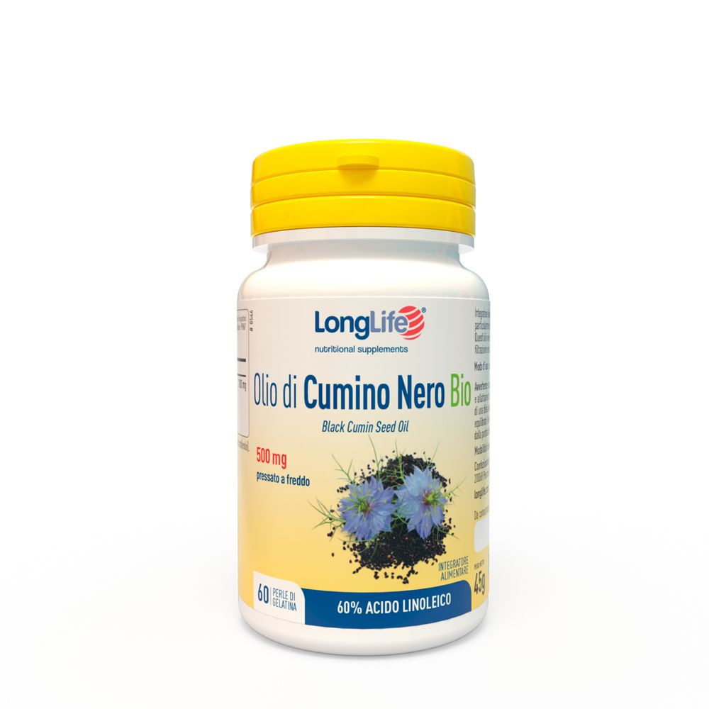 Flacone bianco con tappo giallo. Scritta: Olio di Cumino Nero Bio. 60 perle. 500mg.