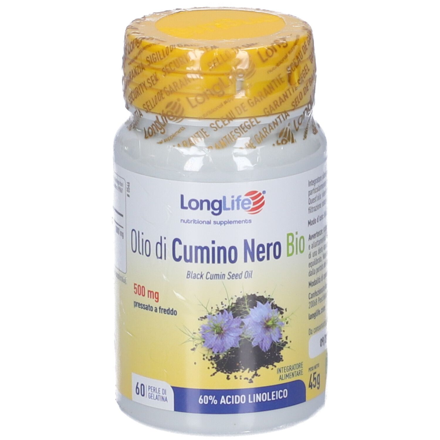 Flacone bianco sigillato con tappo giallo. Scritta: Olio di Cumino Nero Bio. 60 perle. 500mg.