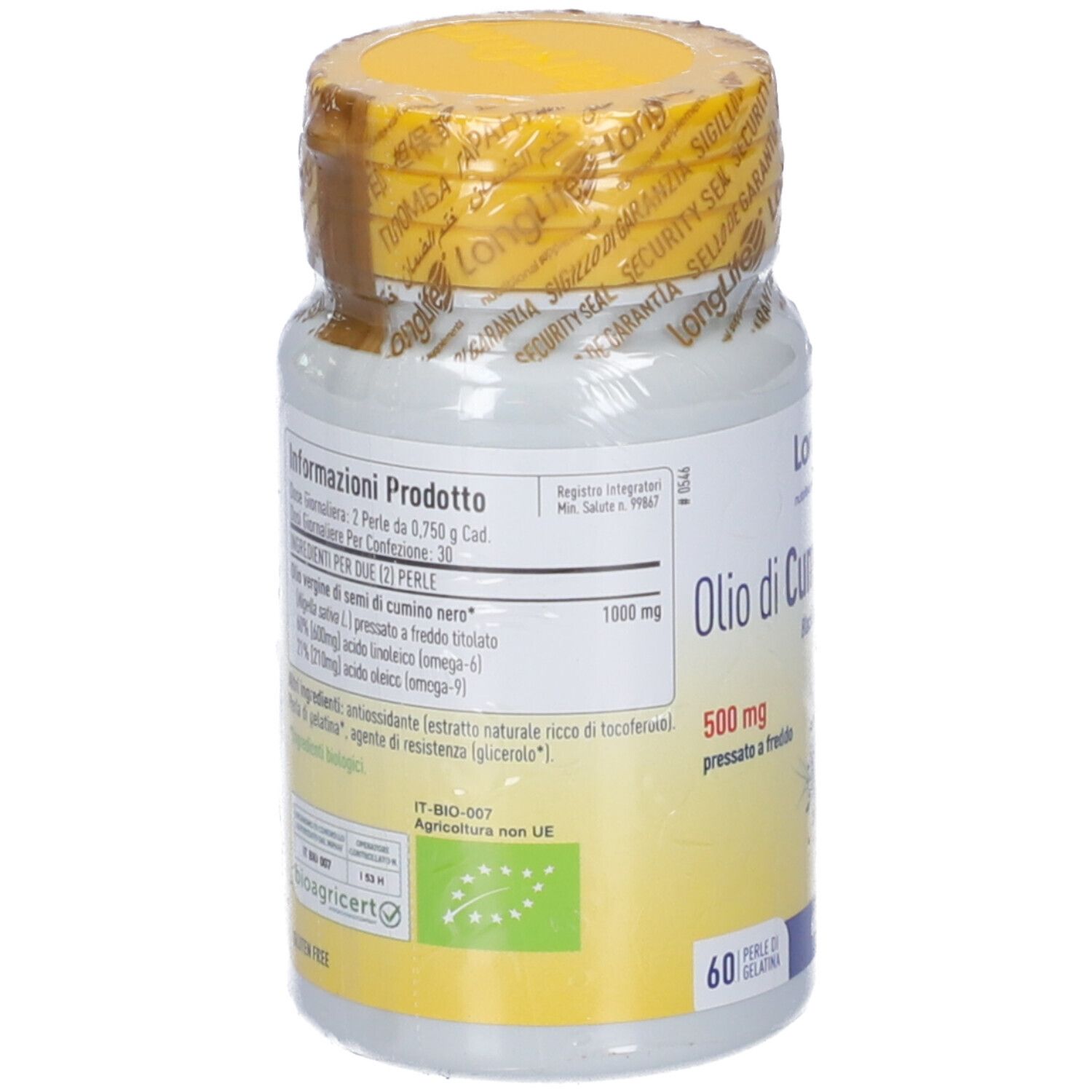 Retro del flacone. Scritta: Olio di Cumino Nero Bio. 60 perle. Certificazione bio.