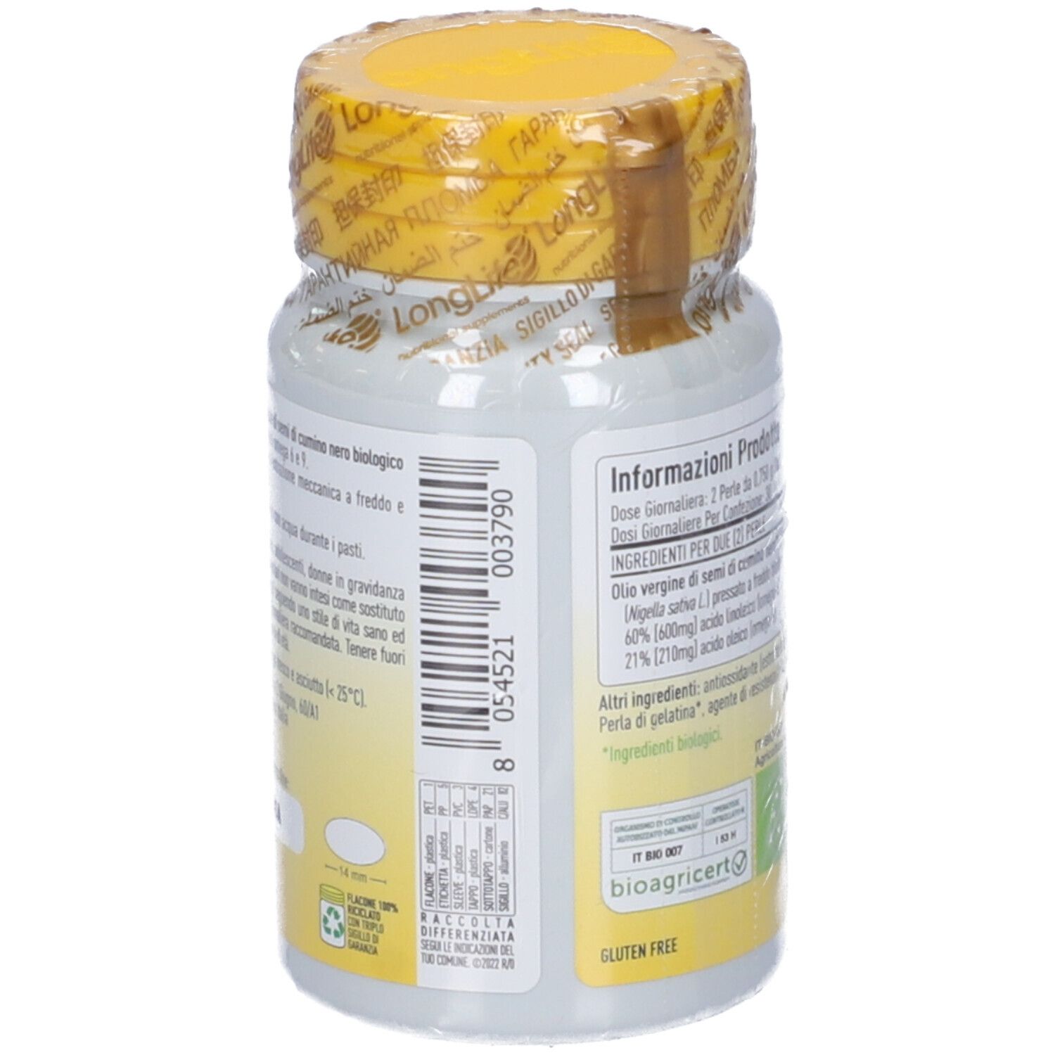 Retro del flacone. Scritta: Olio di Cumino Nero Bio. Senza glutine. Certificazione bio.