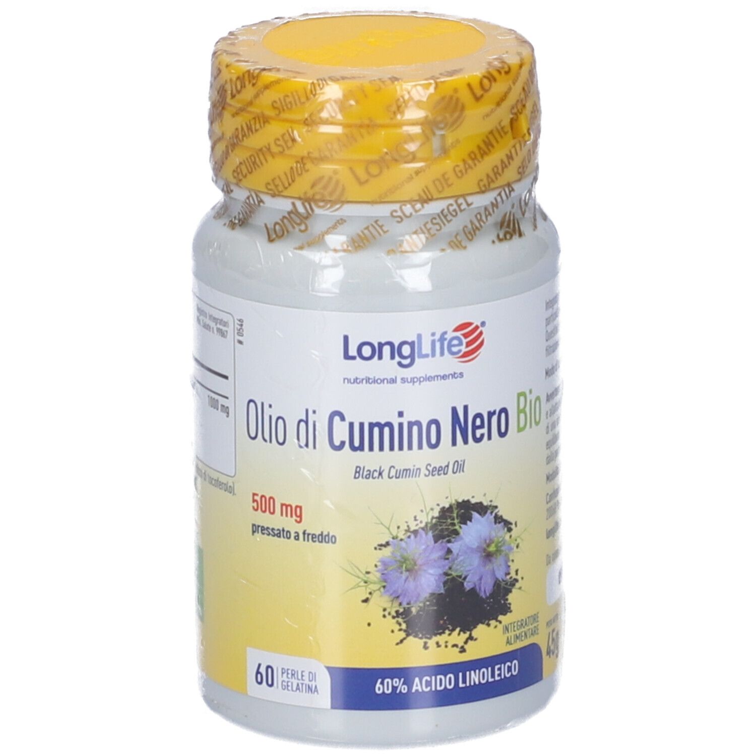 Flacone bianco sigillato con tappo giallo. Scritta: Olio di Cumino Nero Bio. 60 perle. 500mg.