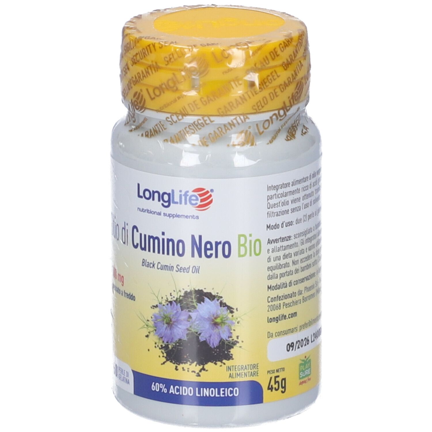 Flacone bianco sigillato con tappo giallo. Scritta: Olio di Cumino Nero Bio. 60 perle. 45g.