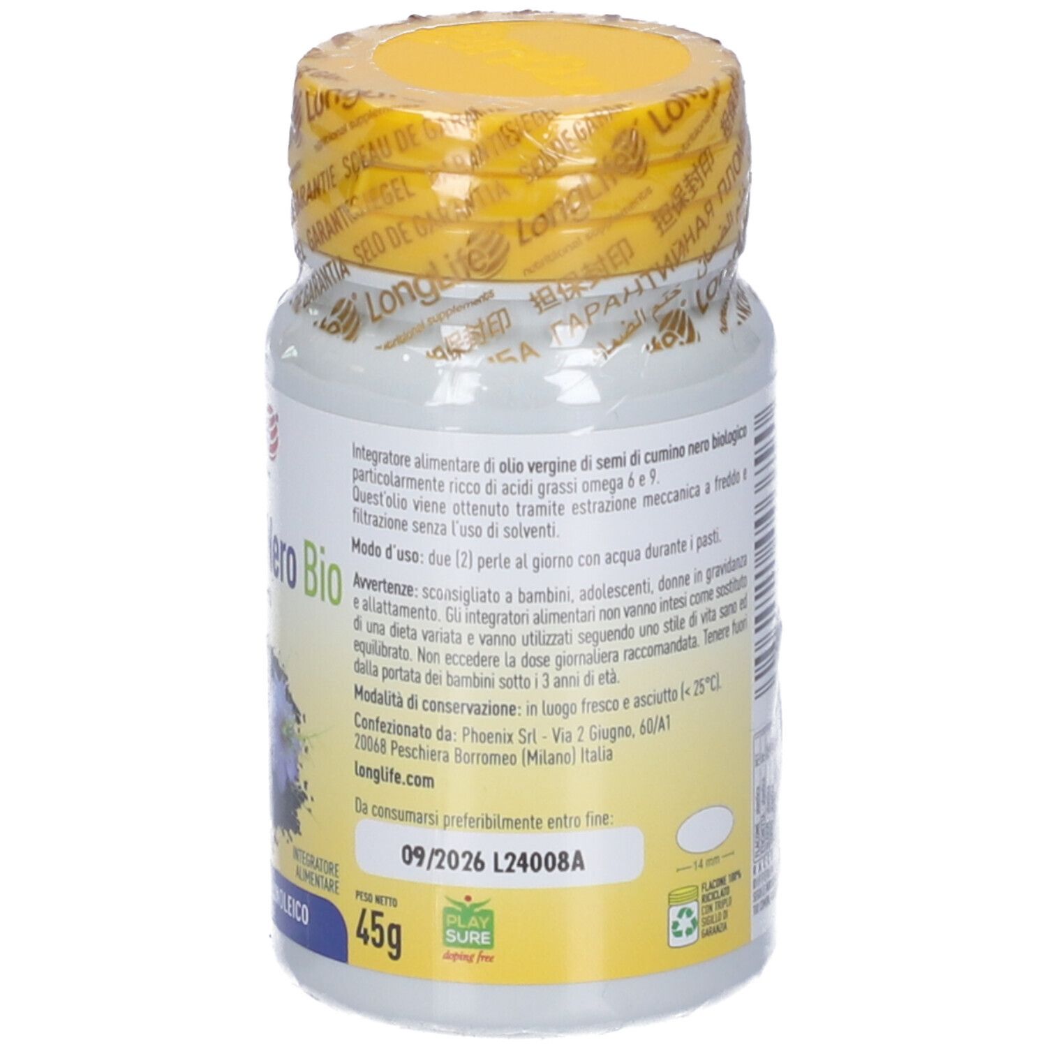 Retro del flacone. Scritta: Olio di Cumino Nero Bio. 45g. Da consumarsi preferibilmente entro 09/2026.