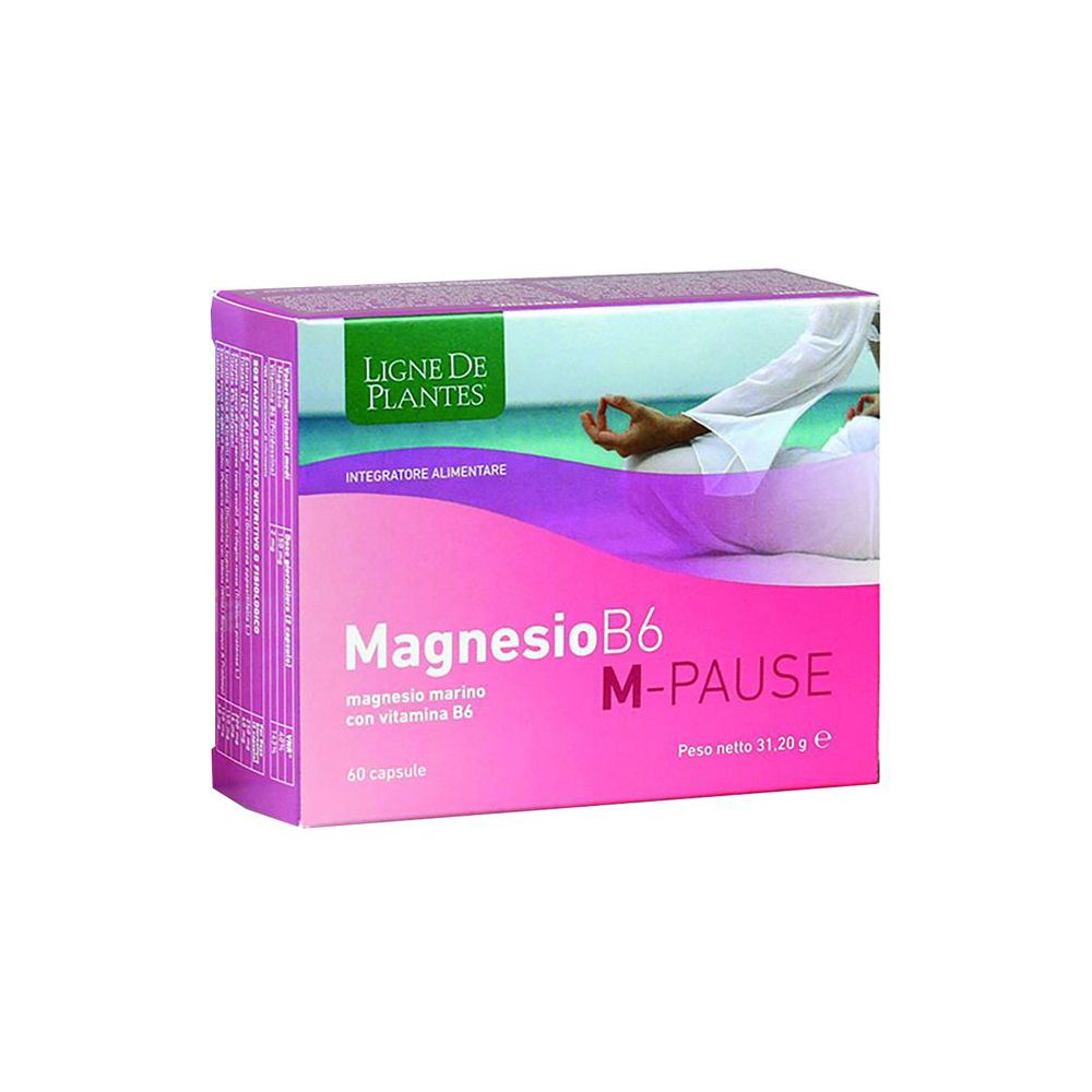 Scatola rosa "MagnesioB6 M-Pause" con 60 capsule. Marchio Ligne de Plantes. Testo in italiano.