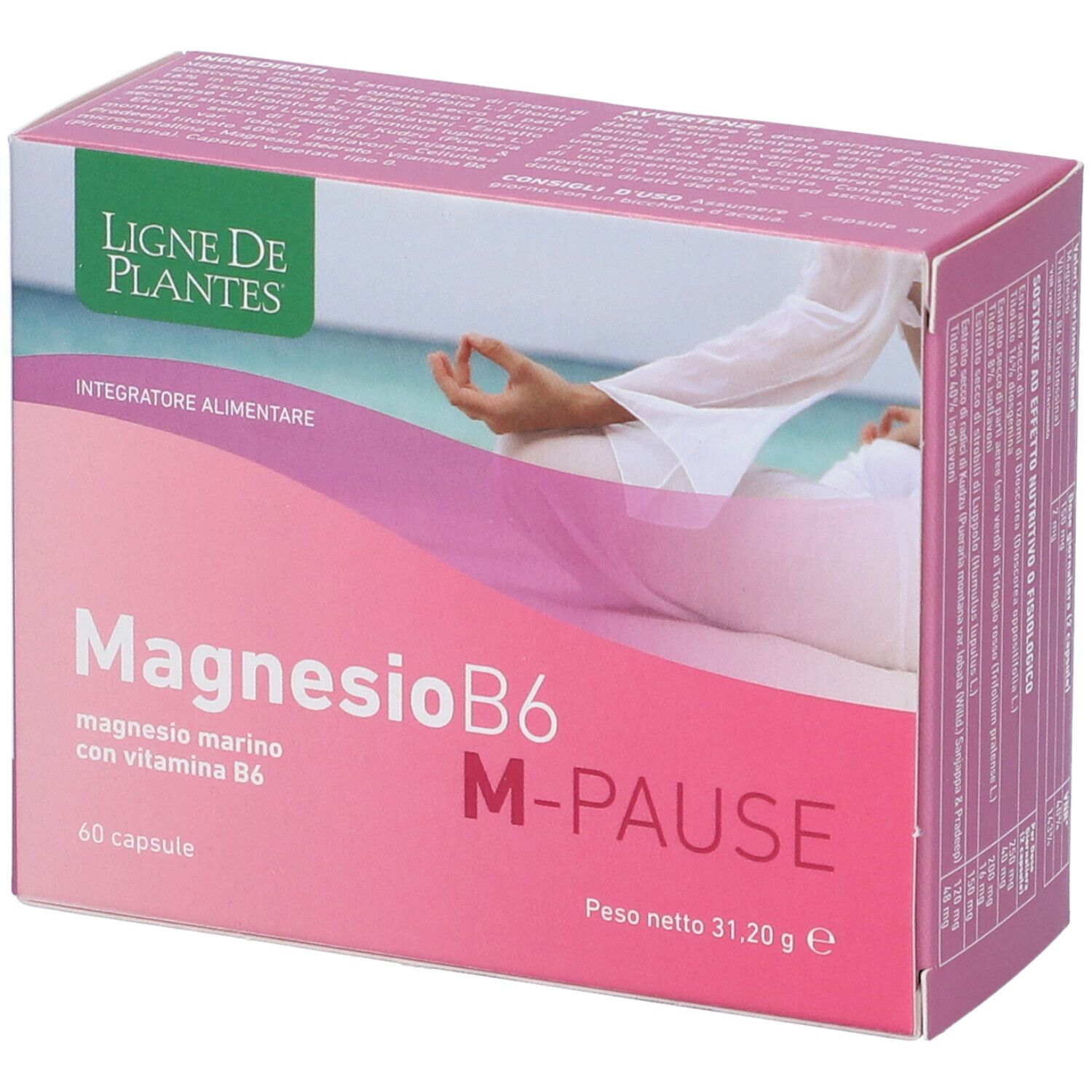 Scatola rosa "MagnesioB6 M-Pause" con 60 capsule. Marchio Ligne de Plantes. Testo in italiano.