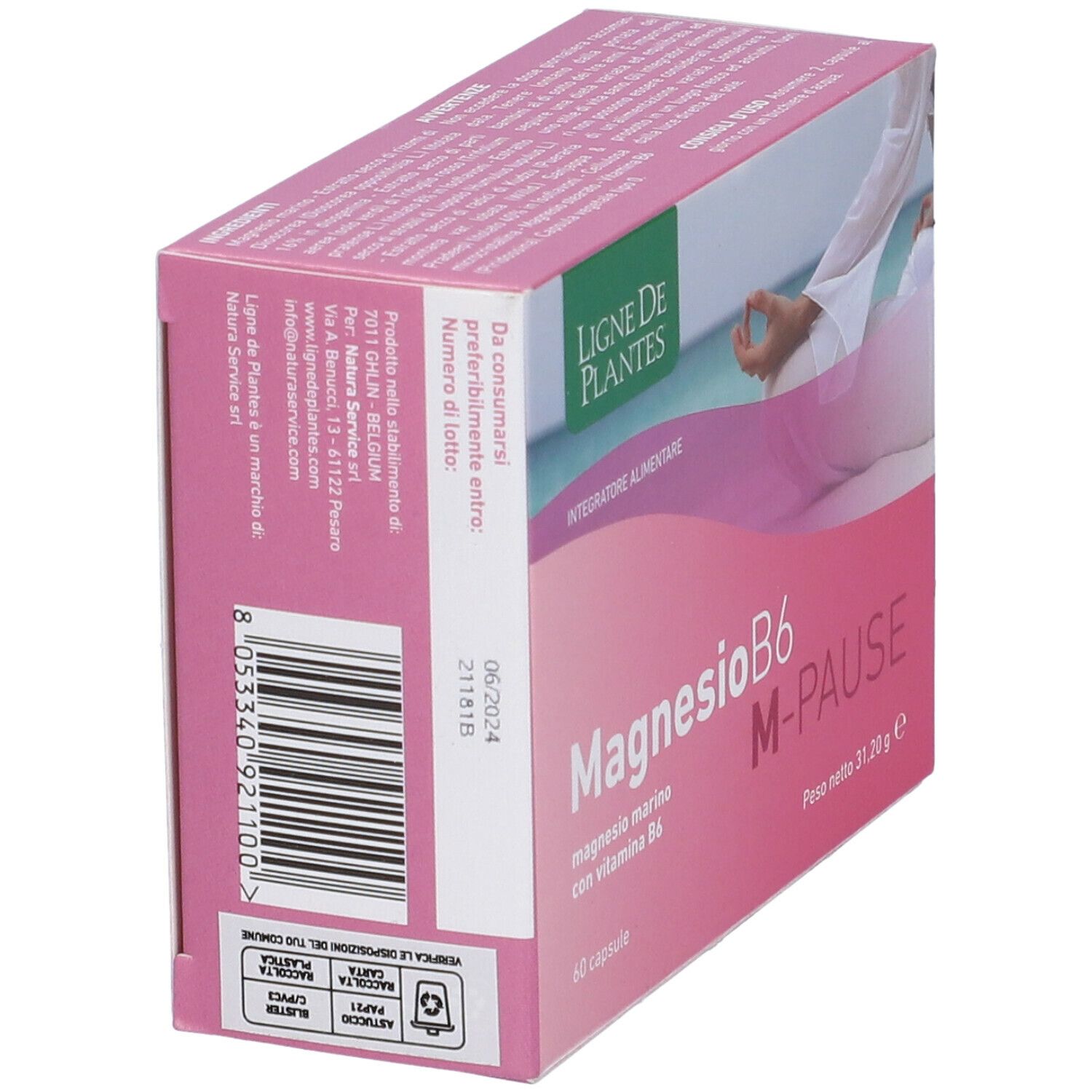 Scatola rosa "MagnesioB6 M-Pause" con 60 capsule. Marchio Ligne de Plantes. Testo in italiano.