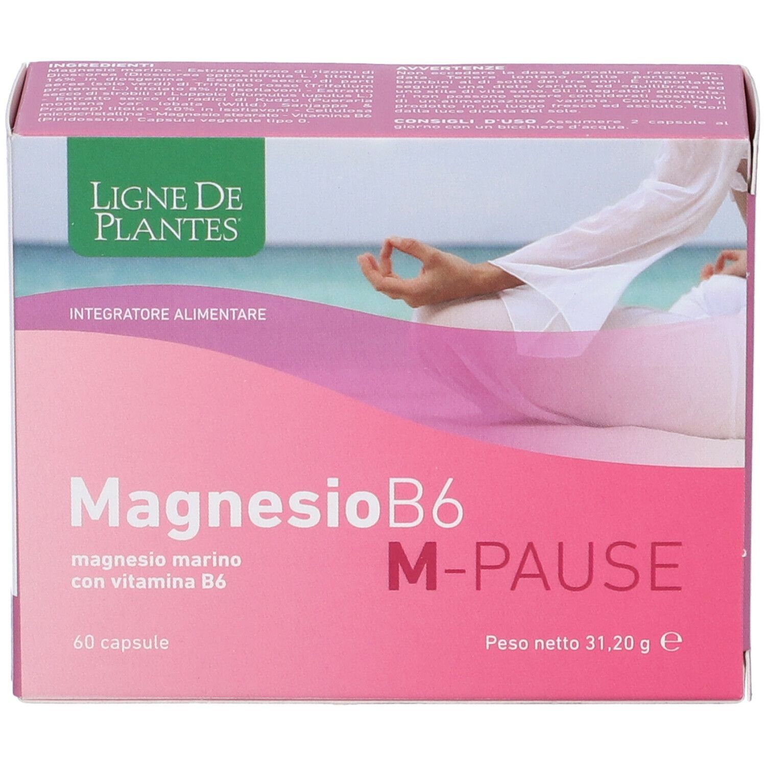 Scatola rosa "MagnesioB6 M-Pause" con 60 capsule. Marchio Ligne de Plantes. Testo in italiano.