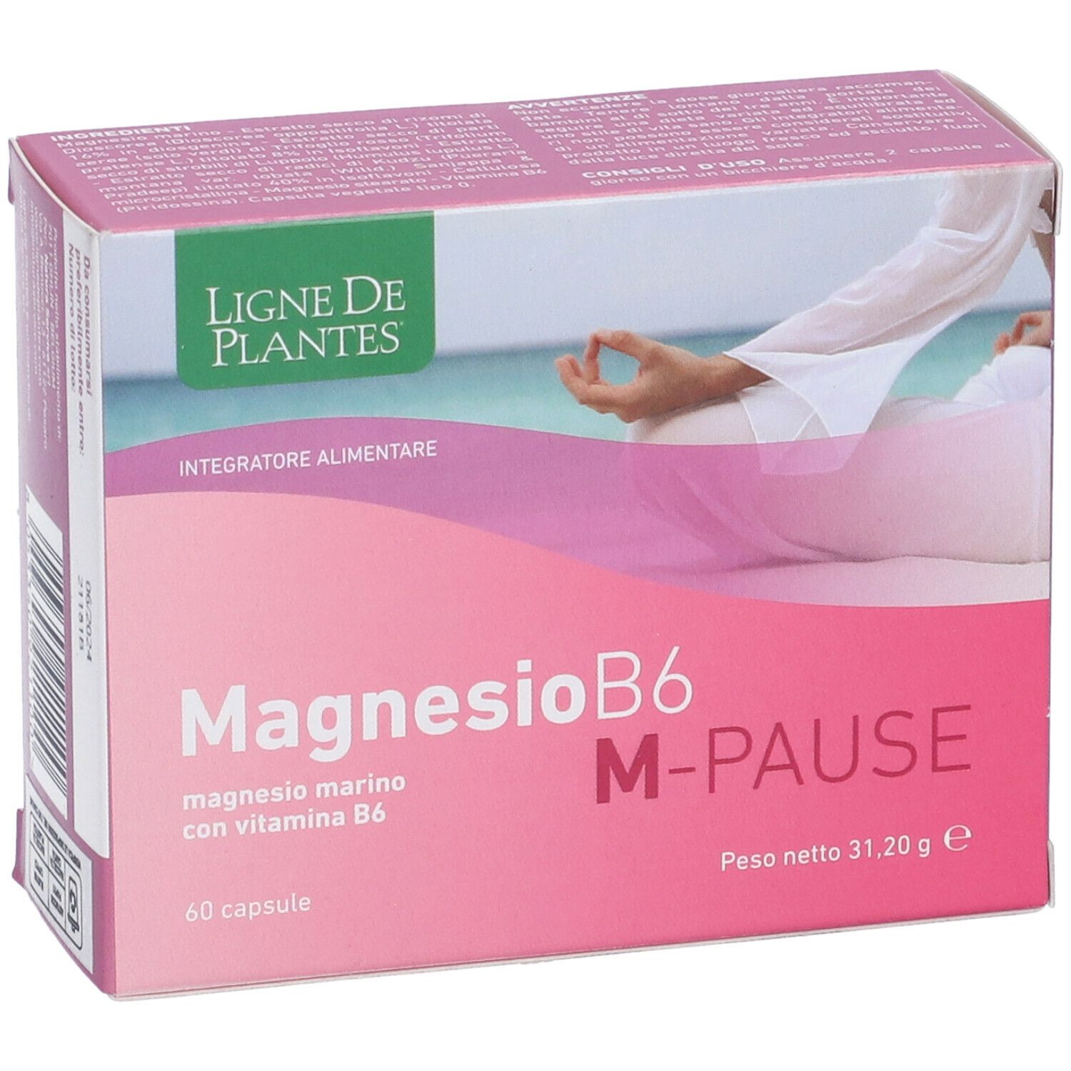 Scatola rosa "MagnesioB6 M-Pause" con 60 capsule. Marchio Ligne de Plantes. Testo in italiano.