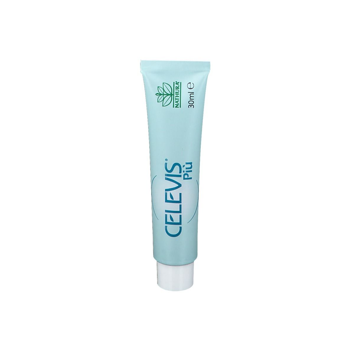 Tubo azzurro con tappo bianco. Scritta CELEVIS Più, logo Nathura e 30ml.