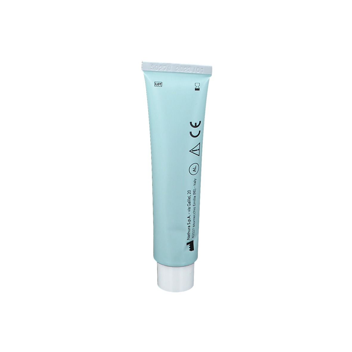 Tubo azzurro con tappo bianco. Sul retro, marchio CE, simboli e testo.
