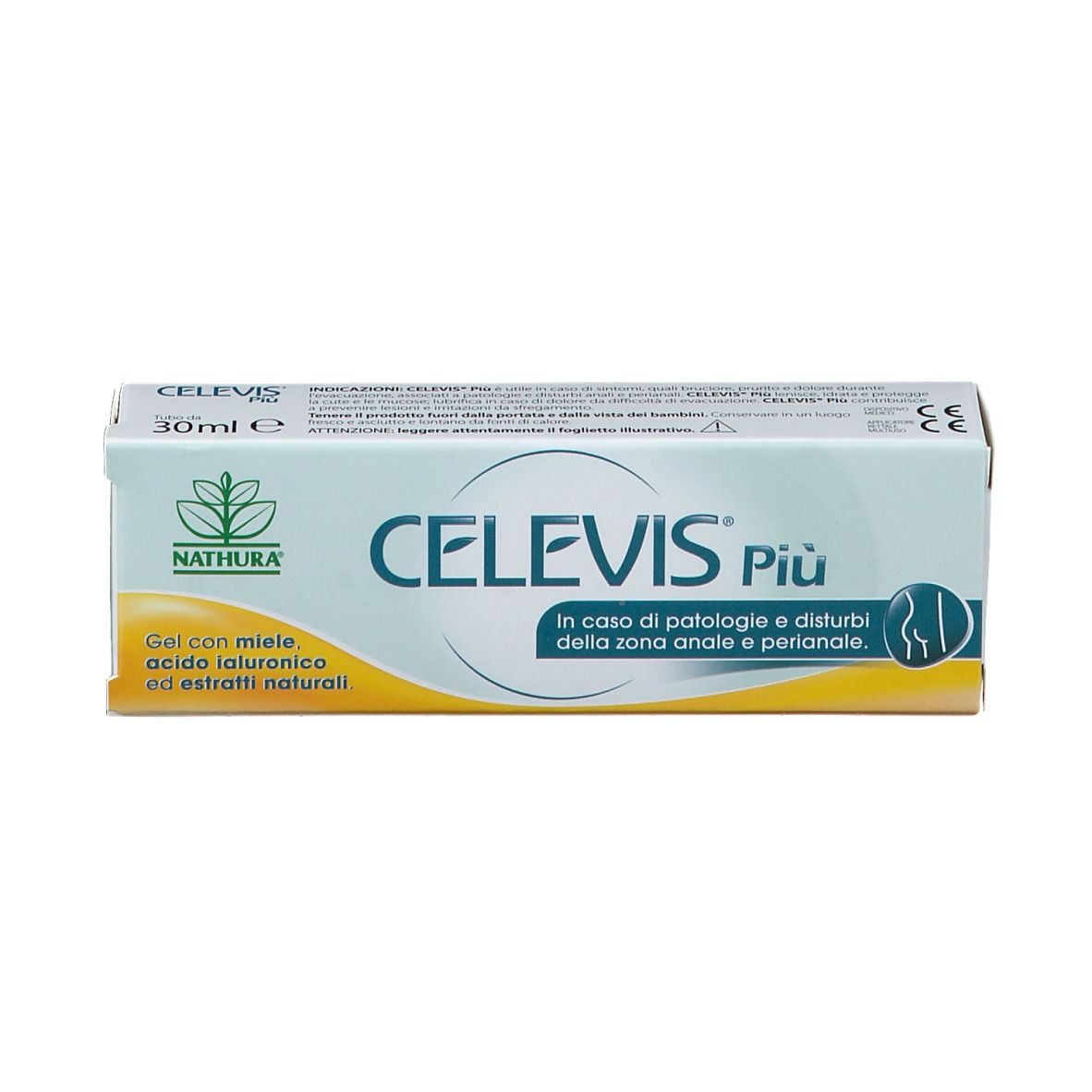 Scatola con scritta CELEVIS Più, logo Nathura, testo e illustrazione. 30ml.