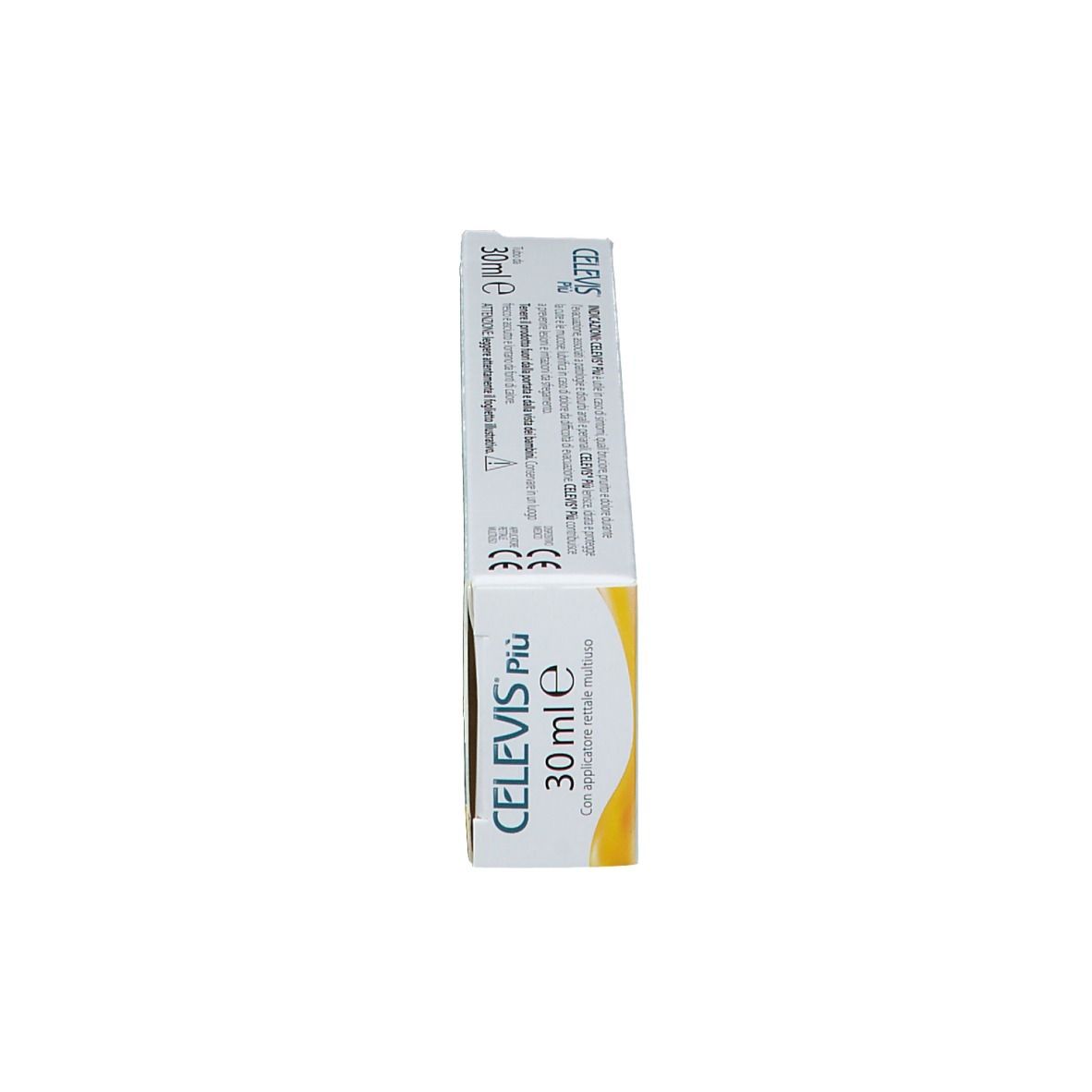 Scatola con scritta CELEVIS Più, logo Nathura, testo e illustrazione. 30ml.