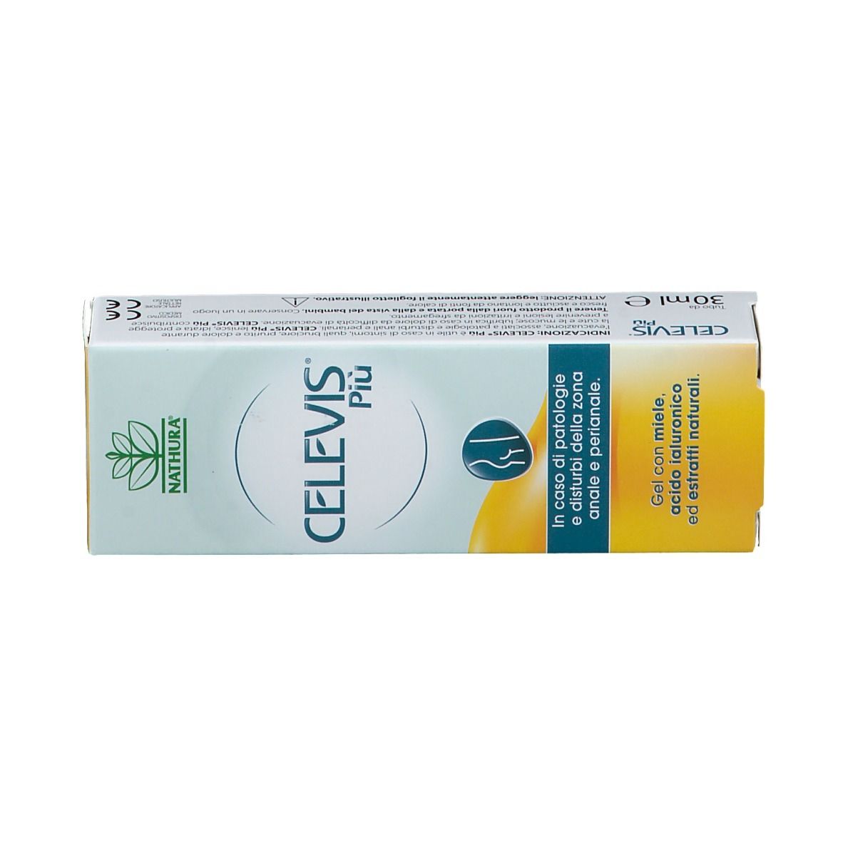 Scatola con scritta CELEVIS Più, logo Nathura, testo e illustrazione. 30ml.