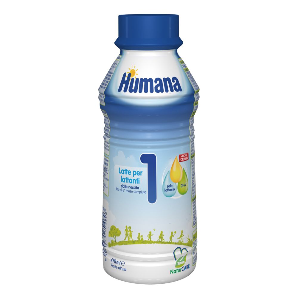 Bottiglia Humana 1 Probal. Tappo blu, corpo bianco. Scritte: Humana, 1, Latte per lattanti. 470 ml.