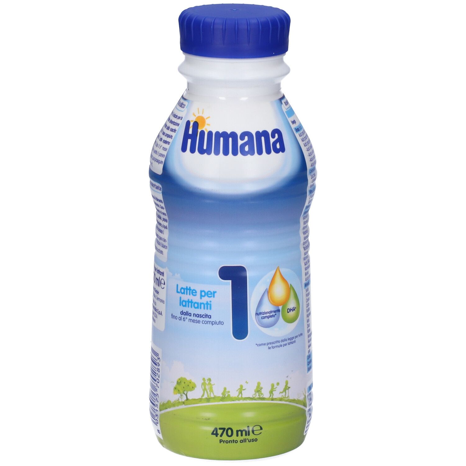Bottiglia Humana 1 Probal. Tappo blu, corpo bianco. Scritte: Humana, 1, Latte per lattanti. 470 ml.
