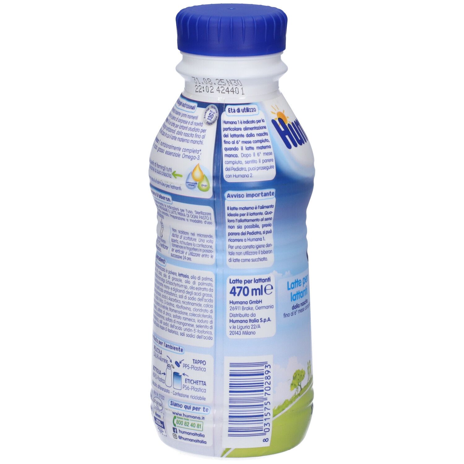 Bottiglia Humana 1 Probal. Retro con testo ed etichette. Tappo blu, corpo bianco. 470 ml.