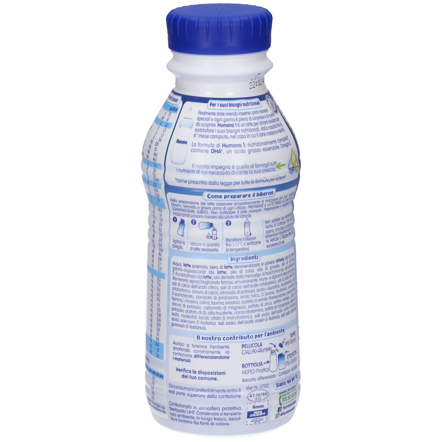 Bottiglia Humana 1 Probal. Retro con testo ed etichette. Tappo blu, corpo bianco. 470 ml.