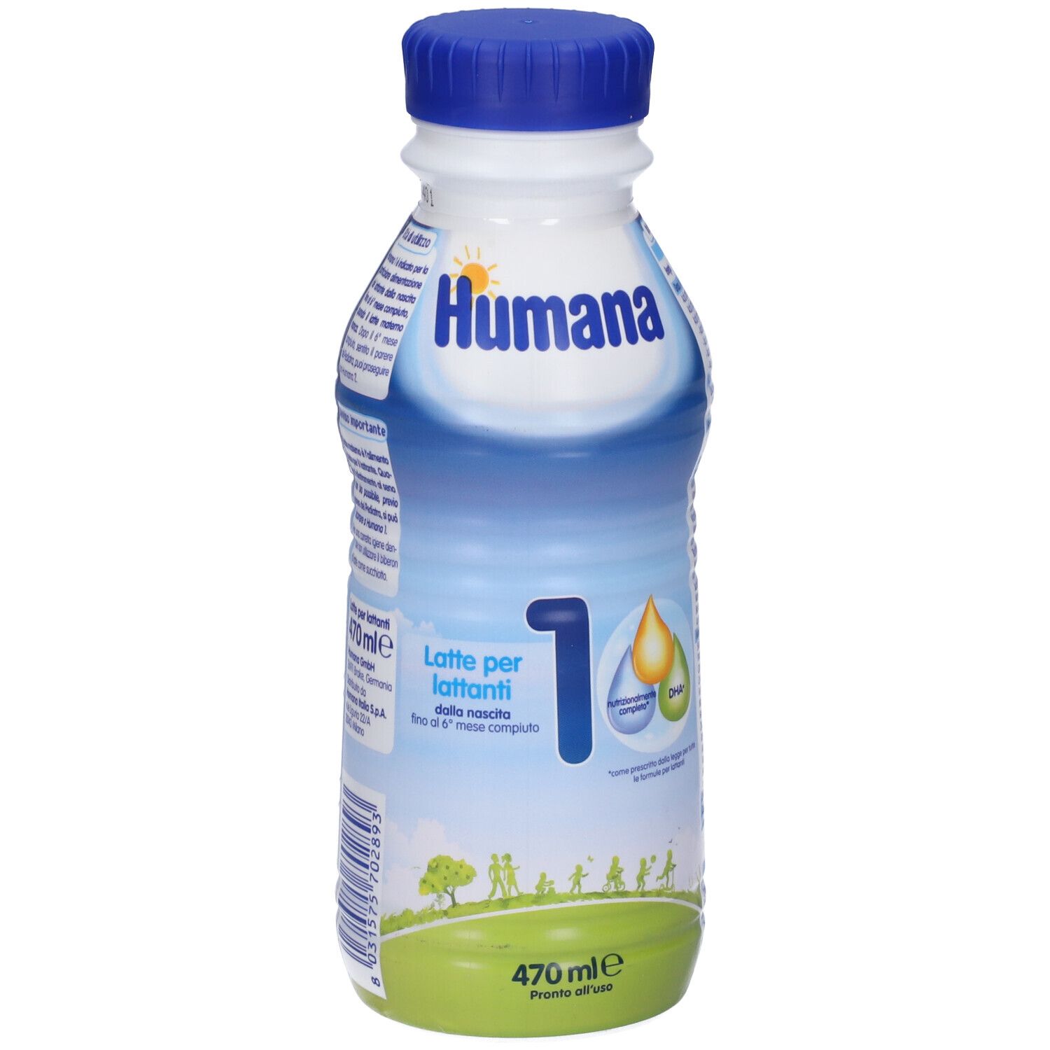 Bottiglia Humana 1 Probal. Tappo blu, corpo bianco. Scritte: Humana, 1, Latte per lattanti. 470 ml.