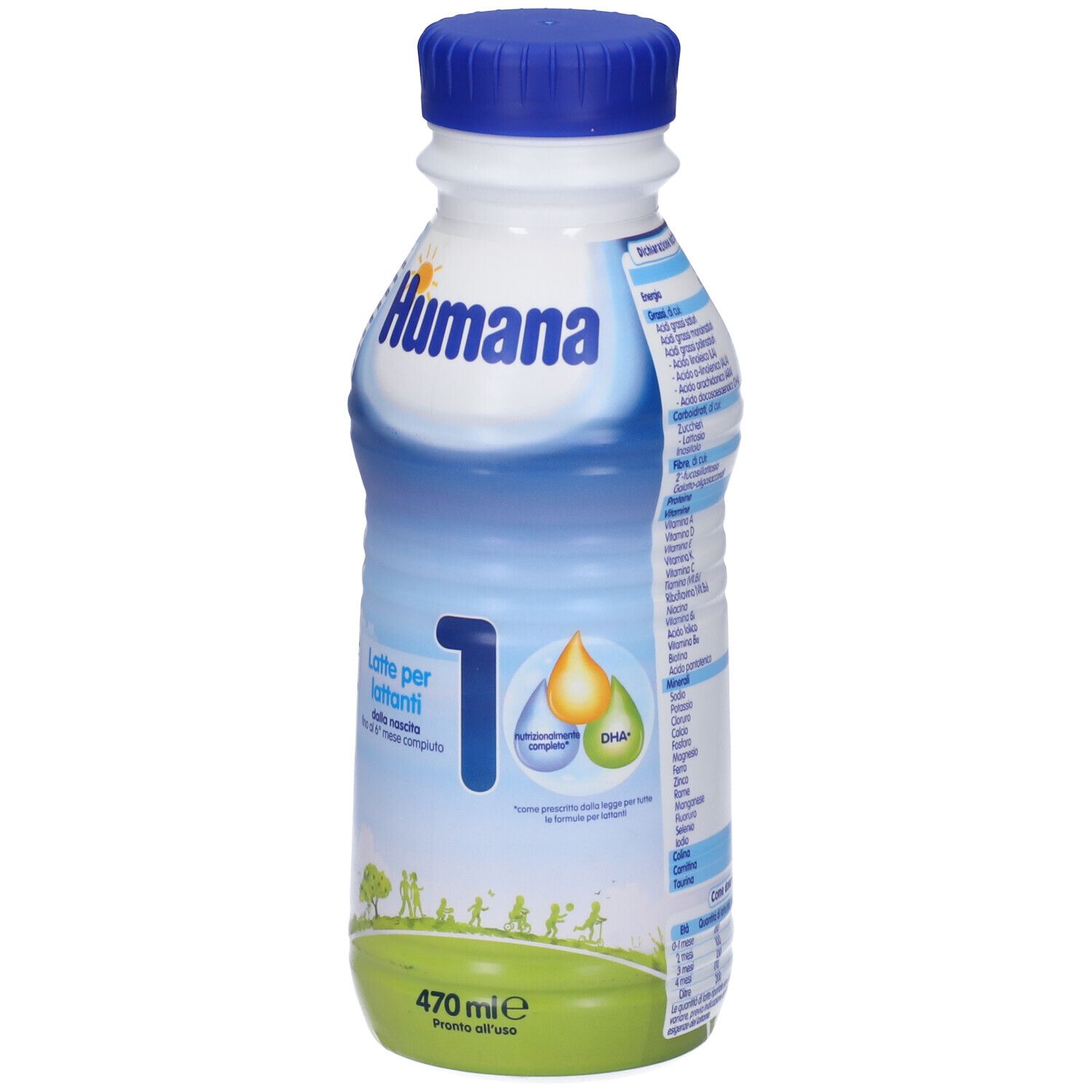 Bottiglia Humana 1 Probal. Tappo blu, corpo bianco. Scritte: Humana, 1, Latte per lattanti. 470 ml.