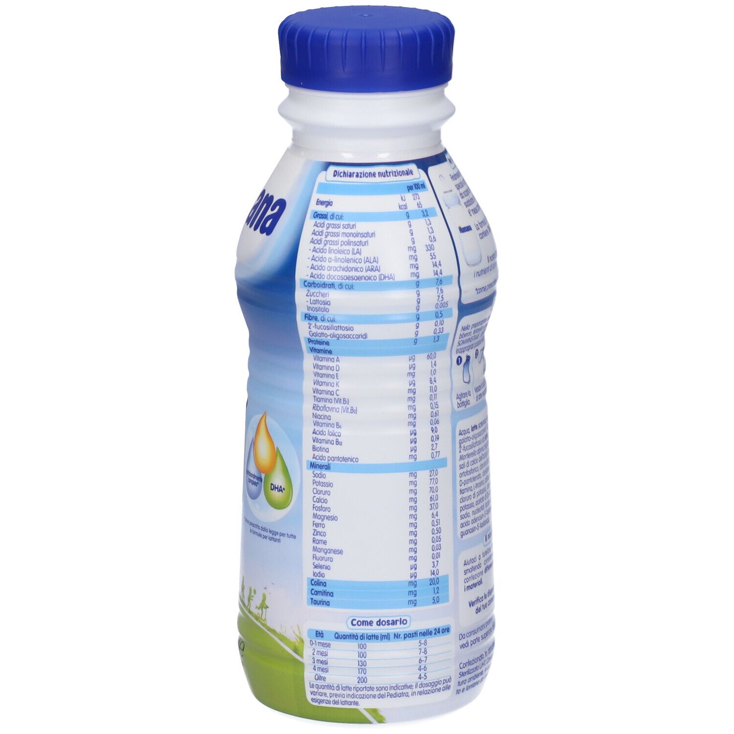 Bottiglia Humana 1 Probal. Retro con testo e valori nutrizionali. Tappo blu, corpo bianco. 470 ml.
