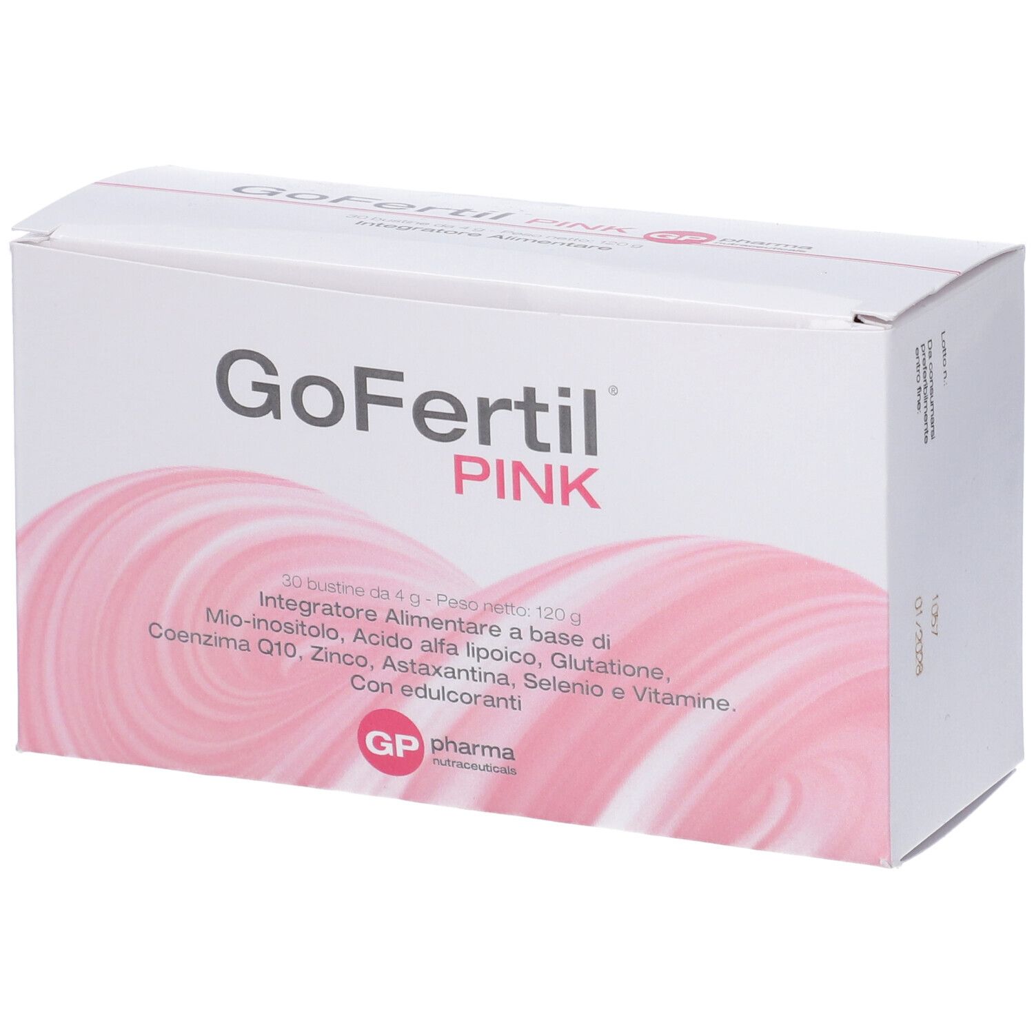 Scatola bianca con logo "GoFertil PINK". Contiene 30 bustine. Testo: Integratore Alimentare. Marchio: GP pharma.