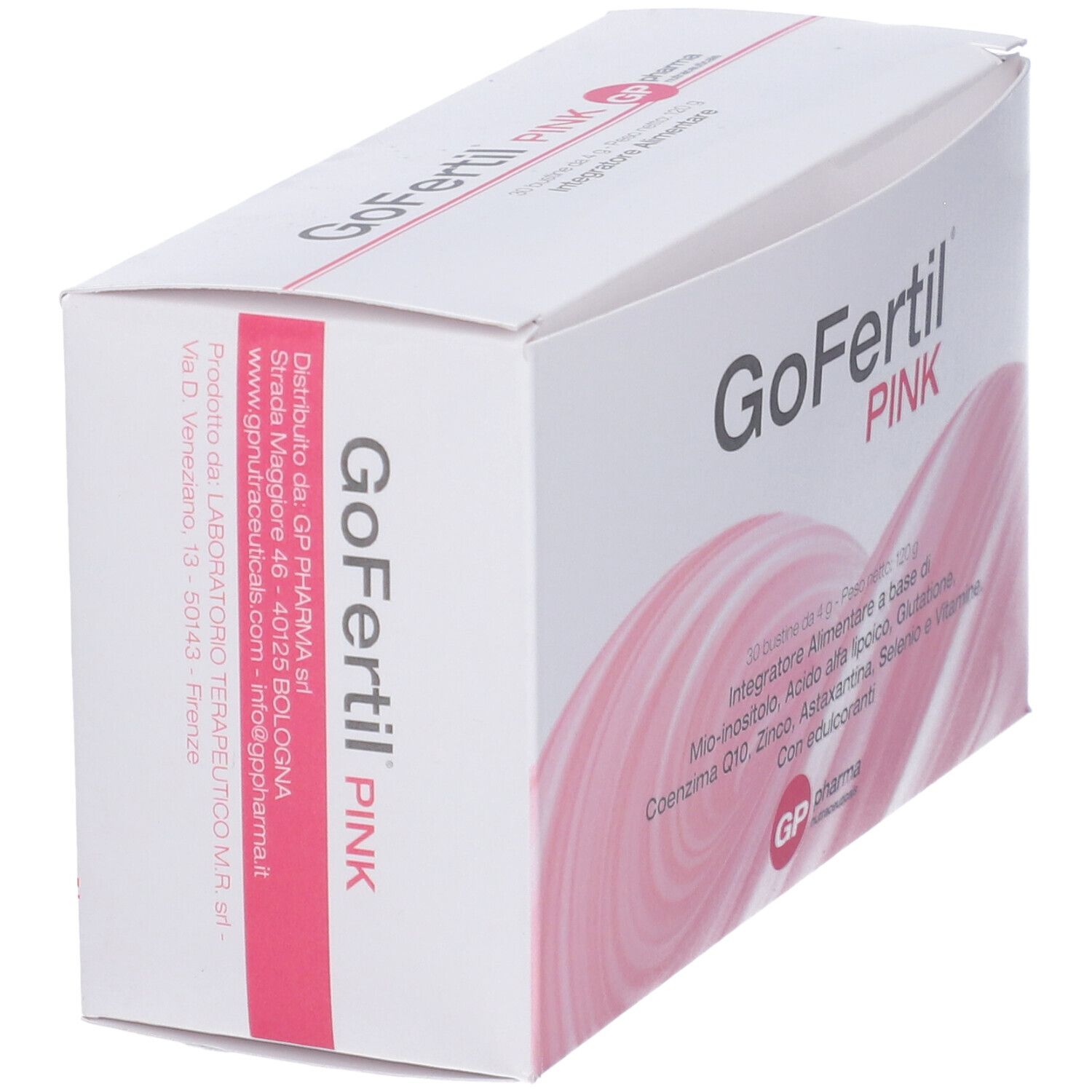 Scatola "GoFertil PINK" in prospettiva. Logo e testo visibili. Marchio: GP pharma. Nome prodotto: GoFertil PINK.