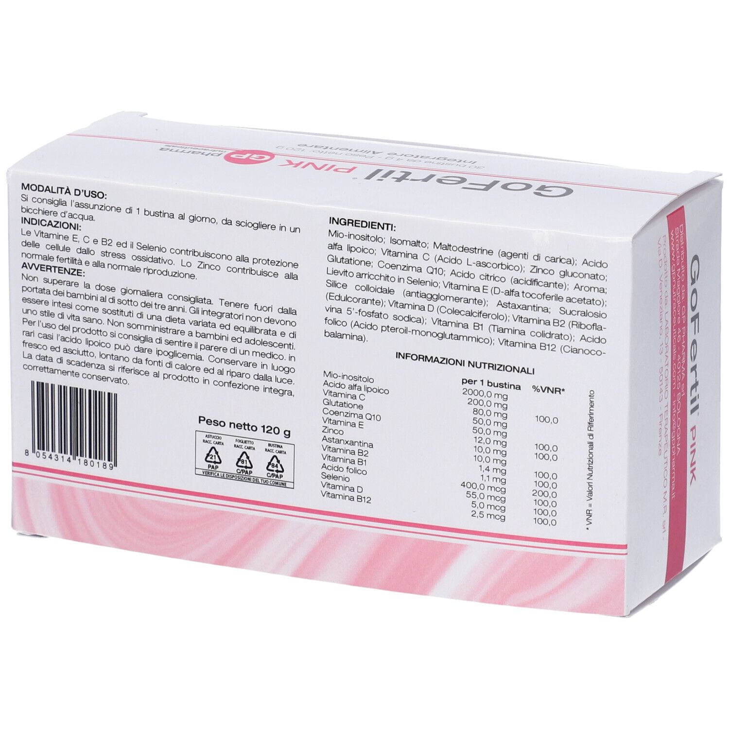 Retro della scatola "GoFertil PINK". Testo con ingredienti e informazioni nutrizionali. Peso: 120g.