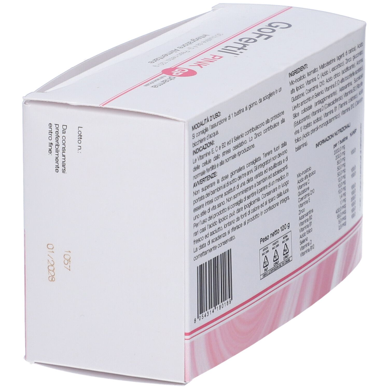 Retro della scatola "GoFertil PINK". Testo e codice a barre. Peso: 120g. Scadenza: 01/2026.