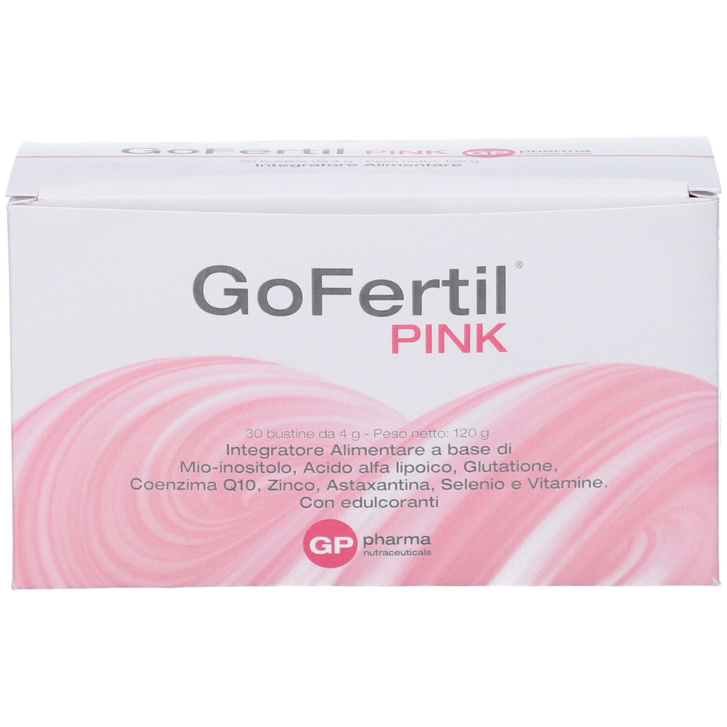 Scatola bianca "GoFertil PINK". Logo e informazioni prodotto. Marchio: GP pharma. Contiene 30 bustine.