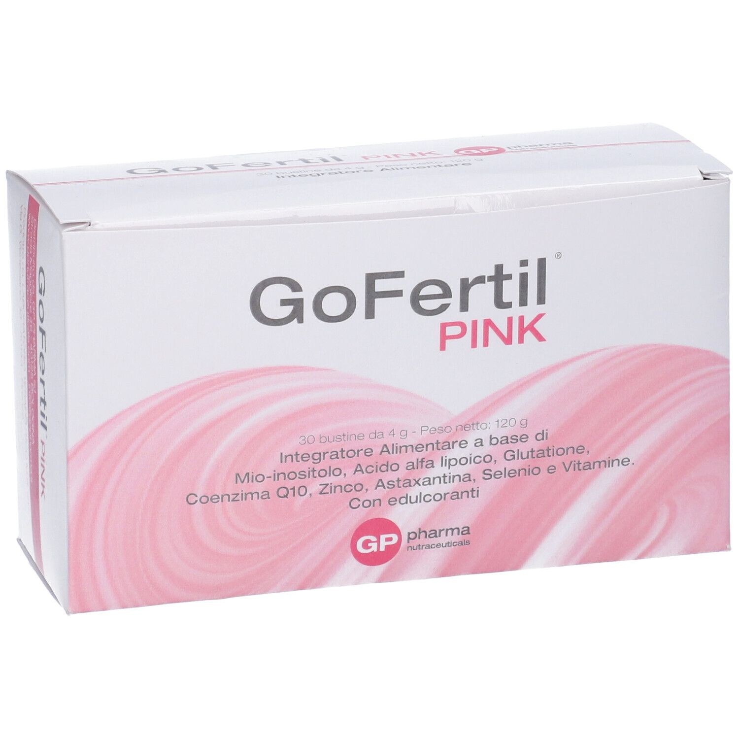 Scatola bianca "GoFertil PINK". Logo e informazioni prodotto. Marchio: GP pharma. Contiene 30 bustine.