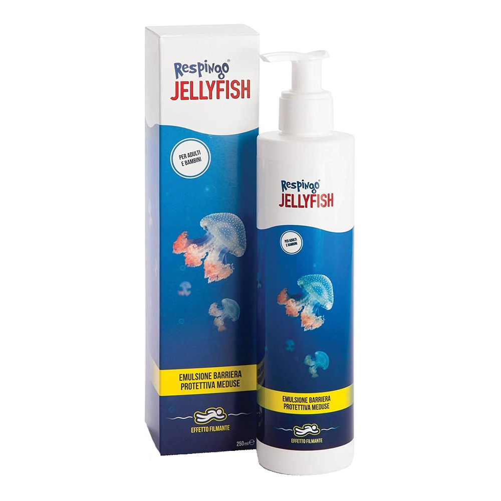 Flacone bianco con pompa e scatola. Stampa: Respingo Jellyfish, onde blu, illustrazioni di meduse. Testo: Emulsione barriera protettiva meduse.