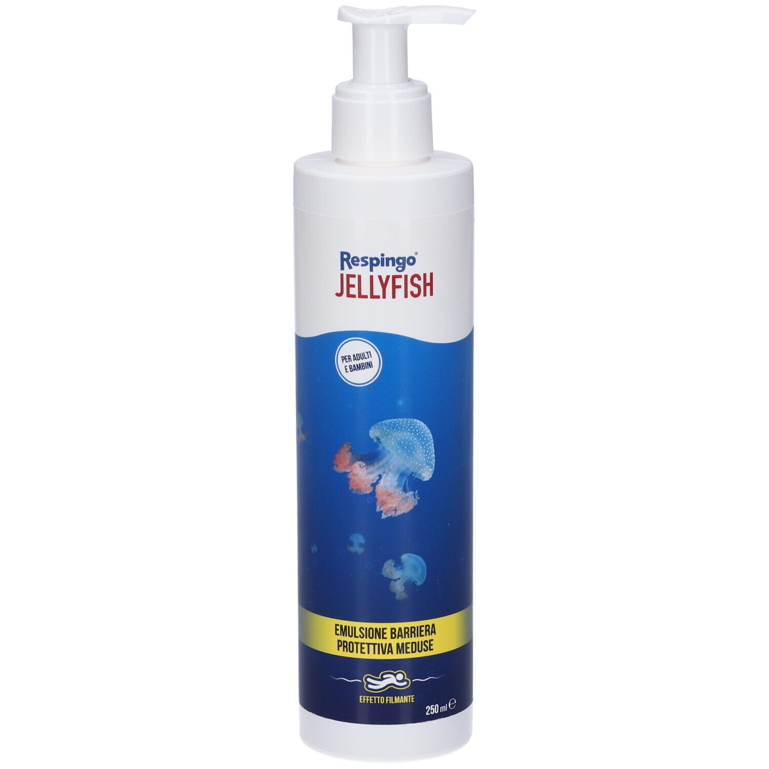 Flacone bianco con pompa. Stampa: Respingo Jellyfish, onde blu, illustrazioni di meduse. Testo: Emulsione barriera protettiva meduse. 250ml.