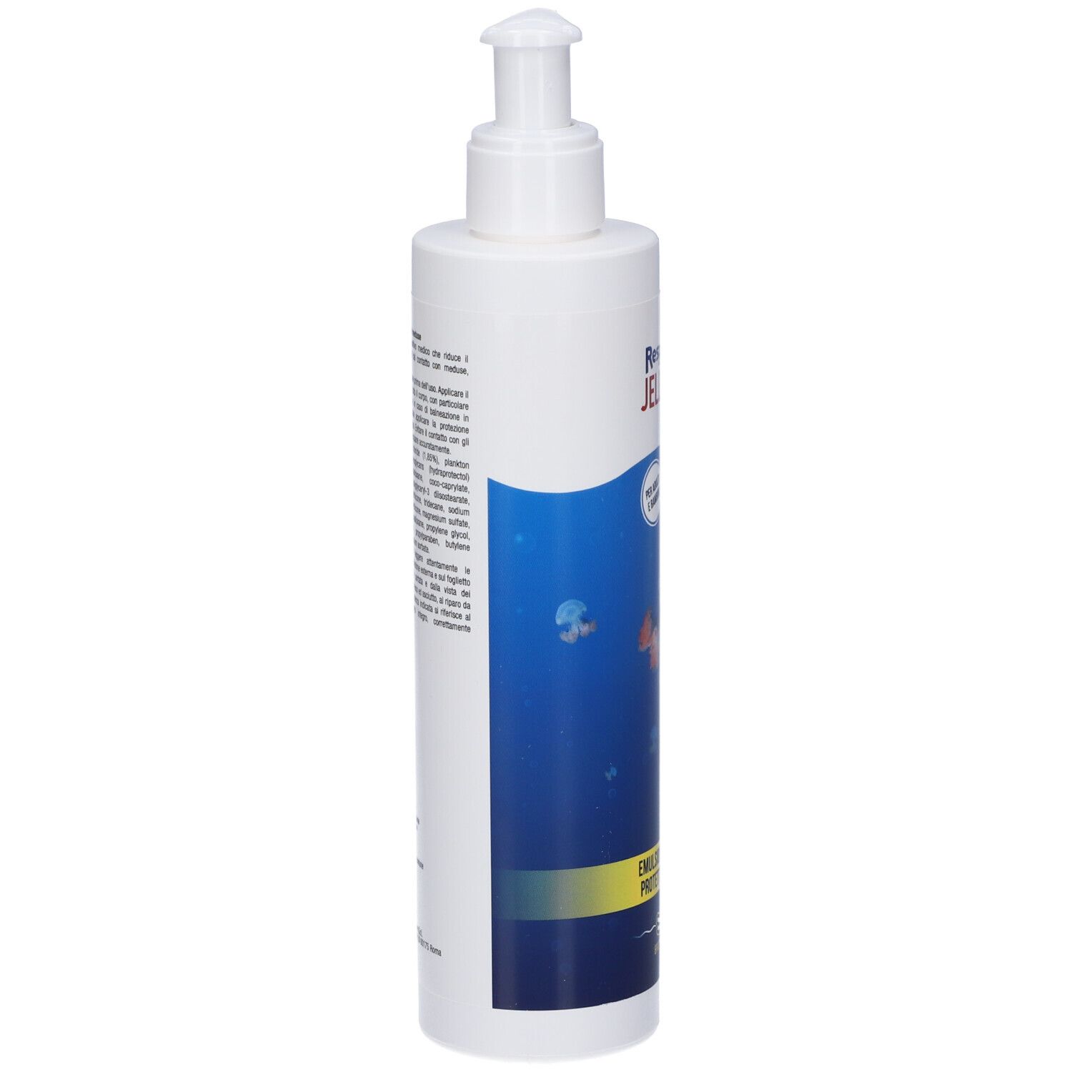 Flacone bianco con pompa. Stampa: Respingo Jellyfish, onde blu, illustrazioni di meduse. Testo: Emulsione barriera protettiva meduse. 250ml.