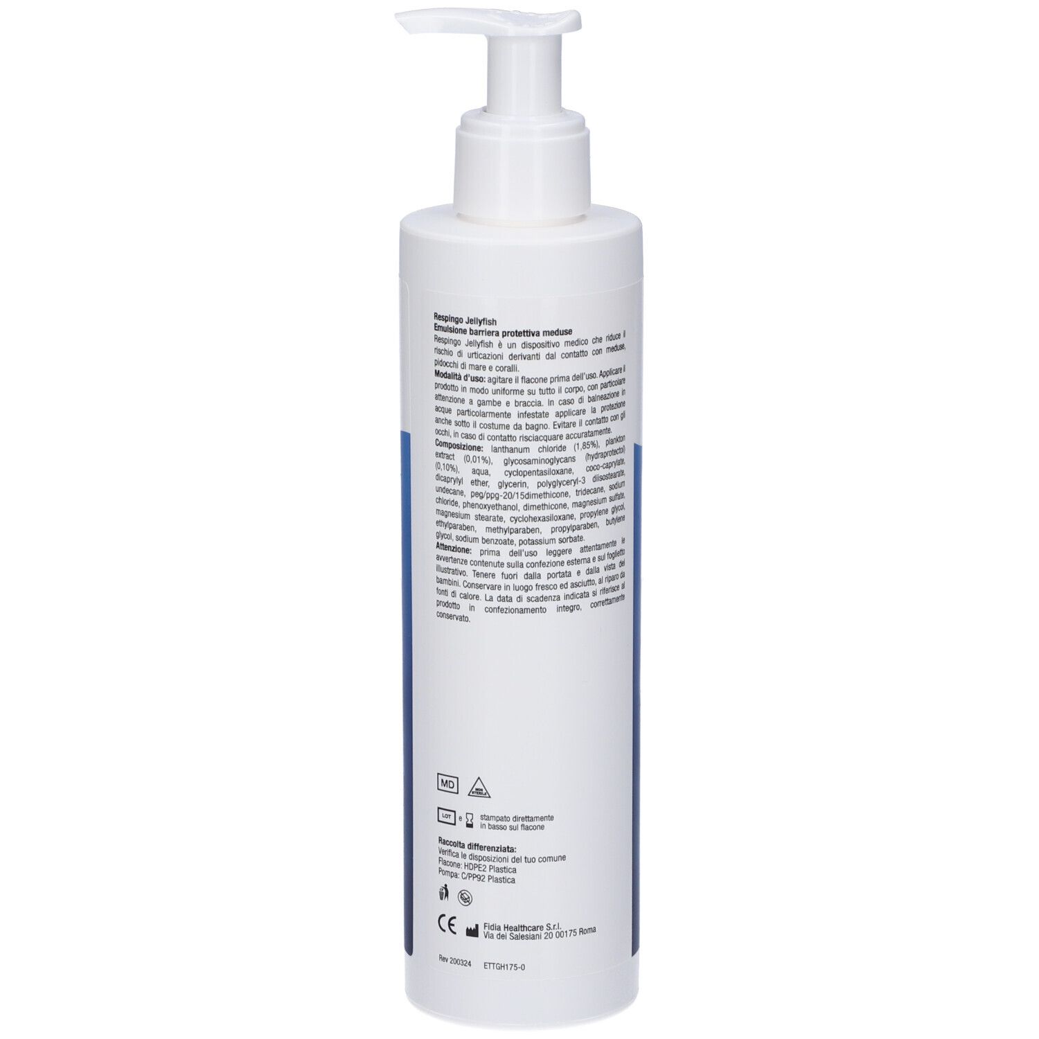 Flacone bianco con pompa. Stampa: Respingo Jellyfish, onde blu, illustrazioni di meduse. Testo: Emulsione barriera protettiva meduse. 250ml.