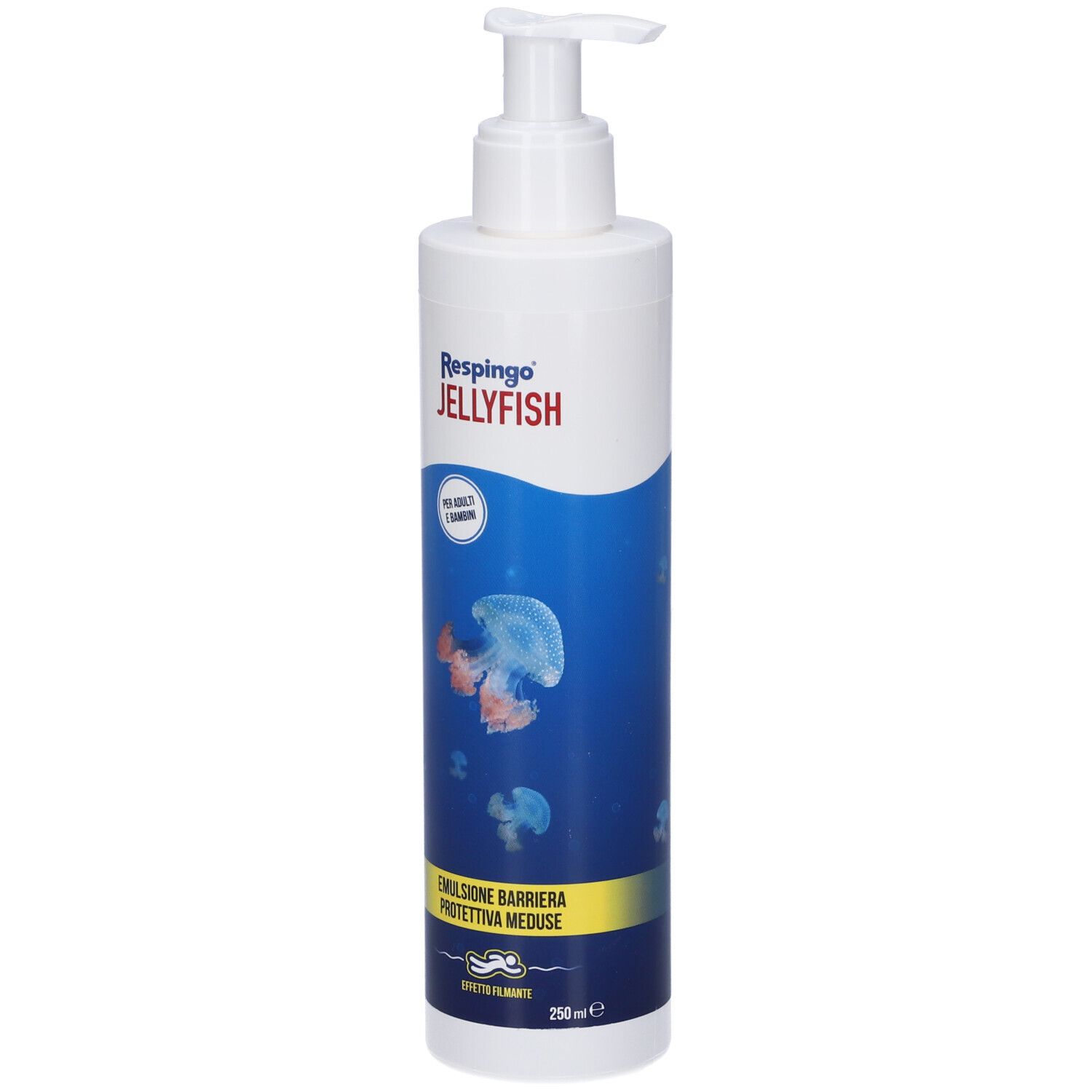 Flacone bianco con pompa. Stampa: Respingo Jellyfish, onde blu, illustrazioni di meduse. Testo: Emulsione barriera protettiva meduse. 250ml.