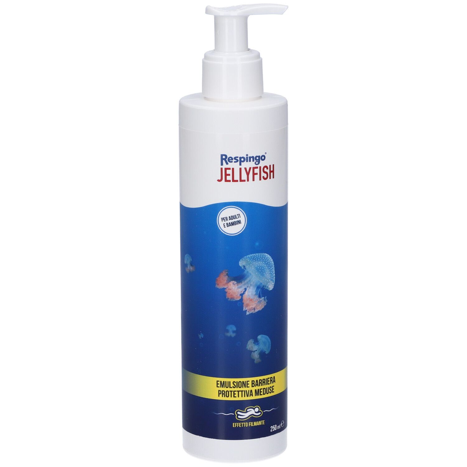 Flacone bianco con pompa. Stampa: Respingo Jellyfish, onde blu, illustrazioni di meduse. Testo: Emulsione barriera protettiva meduse. 250ml.
