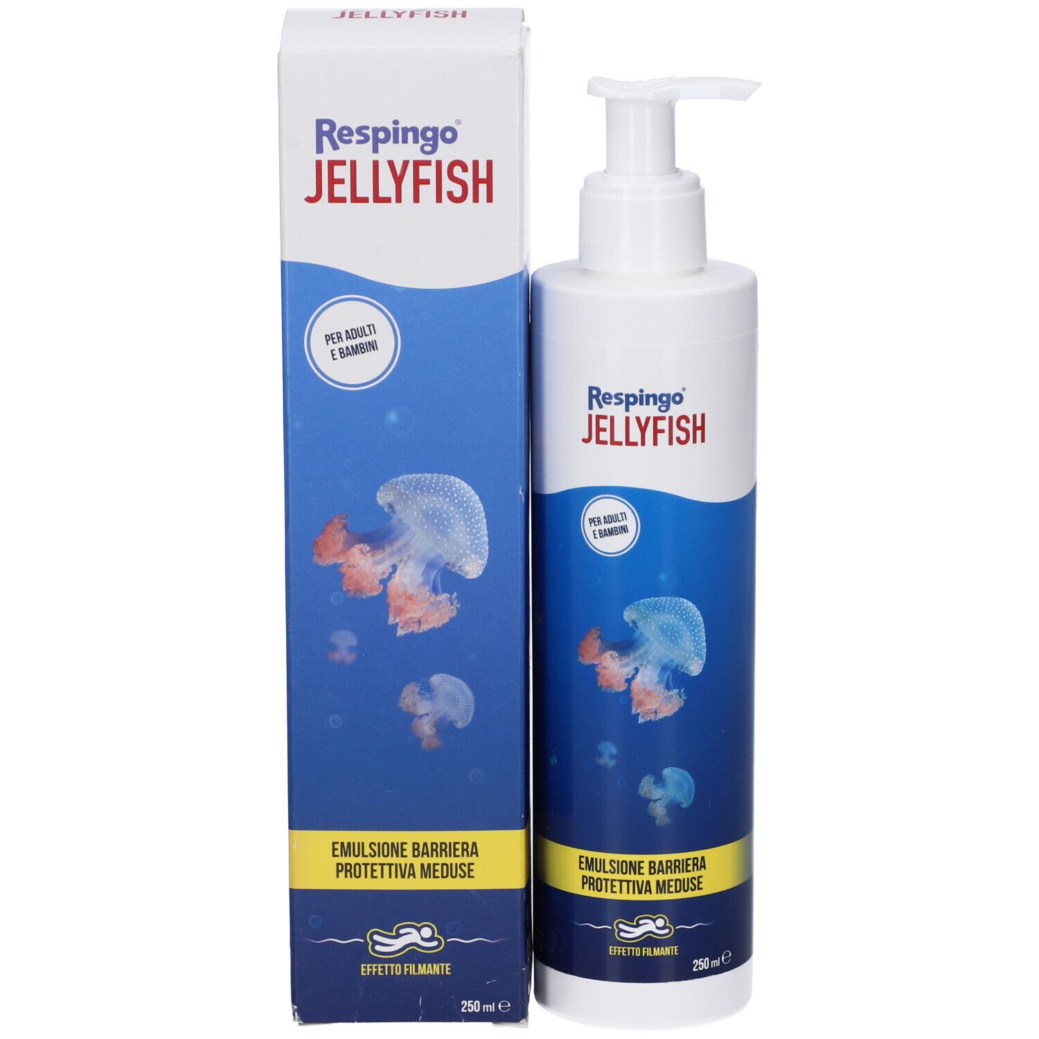 Flacone bianco con pompa. Stampa: Respingo Jellyfish, onde blu, illustrazioni di meduse. Testo: Emulsione barriera protettiva meduse. 250ml.