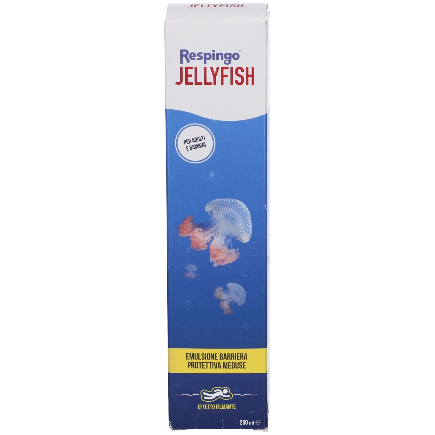 Confezione alta e stretta. Stampa: Respingo Jellyfish, onde blu, illustrazioni di meduse. Testo: Emulsione barriera protettiva meduse. 250ml.