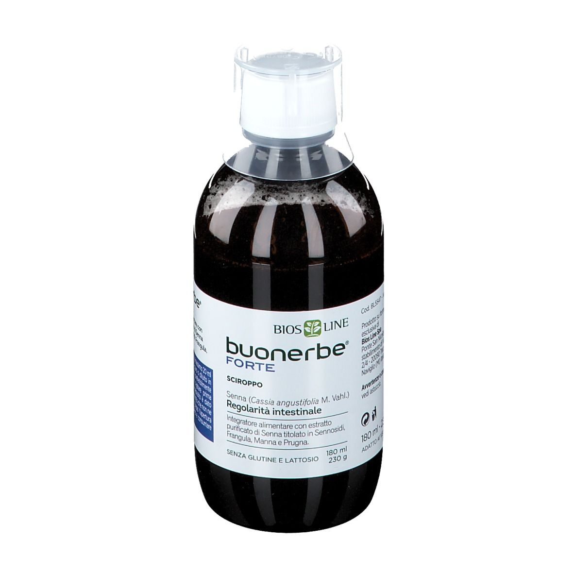 Bottiglia di Buonerbe Forte Sciroppo. Liquido marrone in bottiglia trasparente con tappo bianco. Etichetta con testo.
