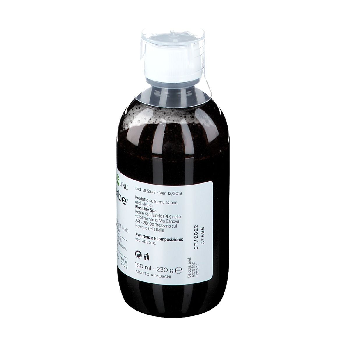Bottiglia di Buonerbe Forte Sciroppo. Liquido marrone in bottiglia trasparente con tappo bianco. Etichetta con testo.