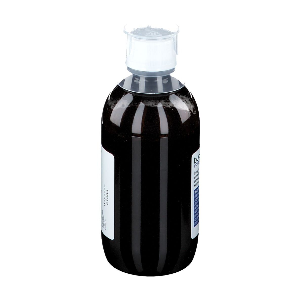 Bottiglia di Buonerbe Forte Sciroppo. Liquido marrone in bottiglia trasparente con tappo bianco. Etichetta con testo.