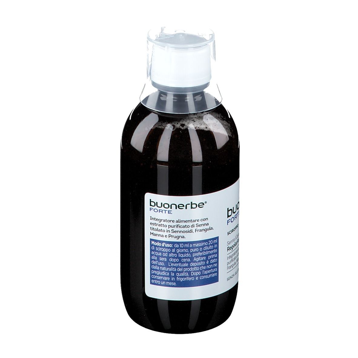 Bottiglia di Buonerbe Forte Sciroppo. Liquido marrone in bottiglia trasparente con tappo bianco. Etichetta con testo.