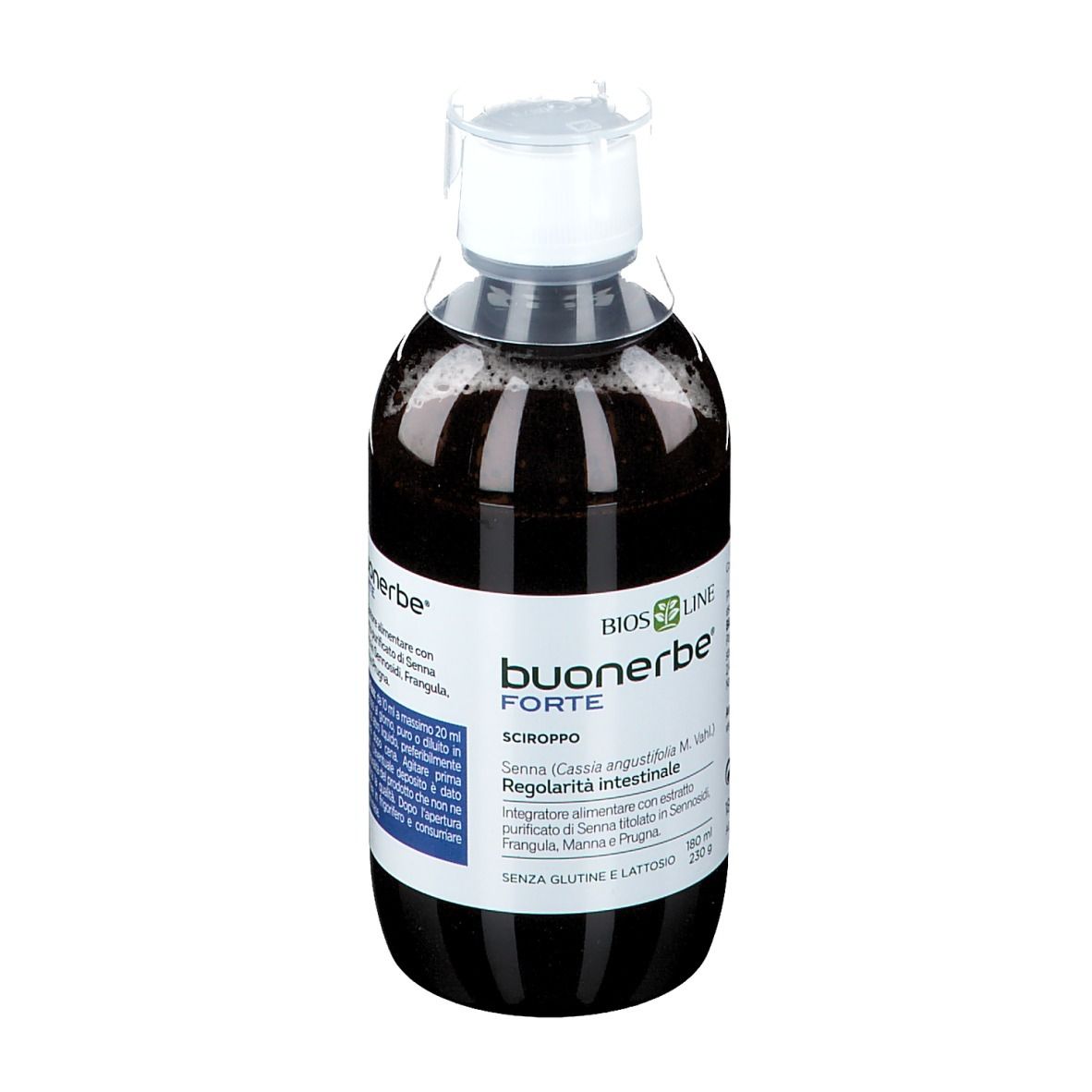Bottiglia di Buonerbe Forte Sciroppo. Liquido marrone in bottiglia trasparente con tappo bianco. Etichetta con testo.