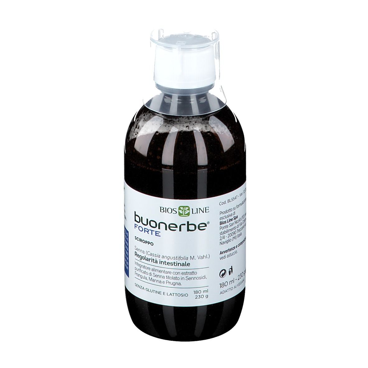 Bottiglia di Buonerbe Forte Sciroppo. Liquido marrone in bottiglia trasparente con tappo bianco. Etichetta con testo.
